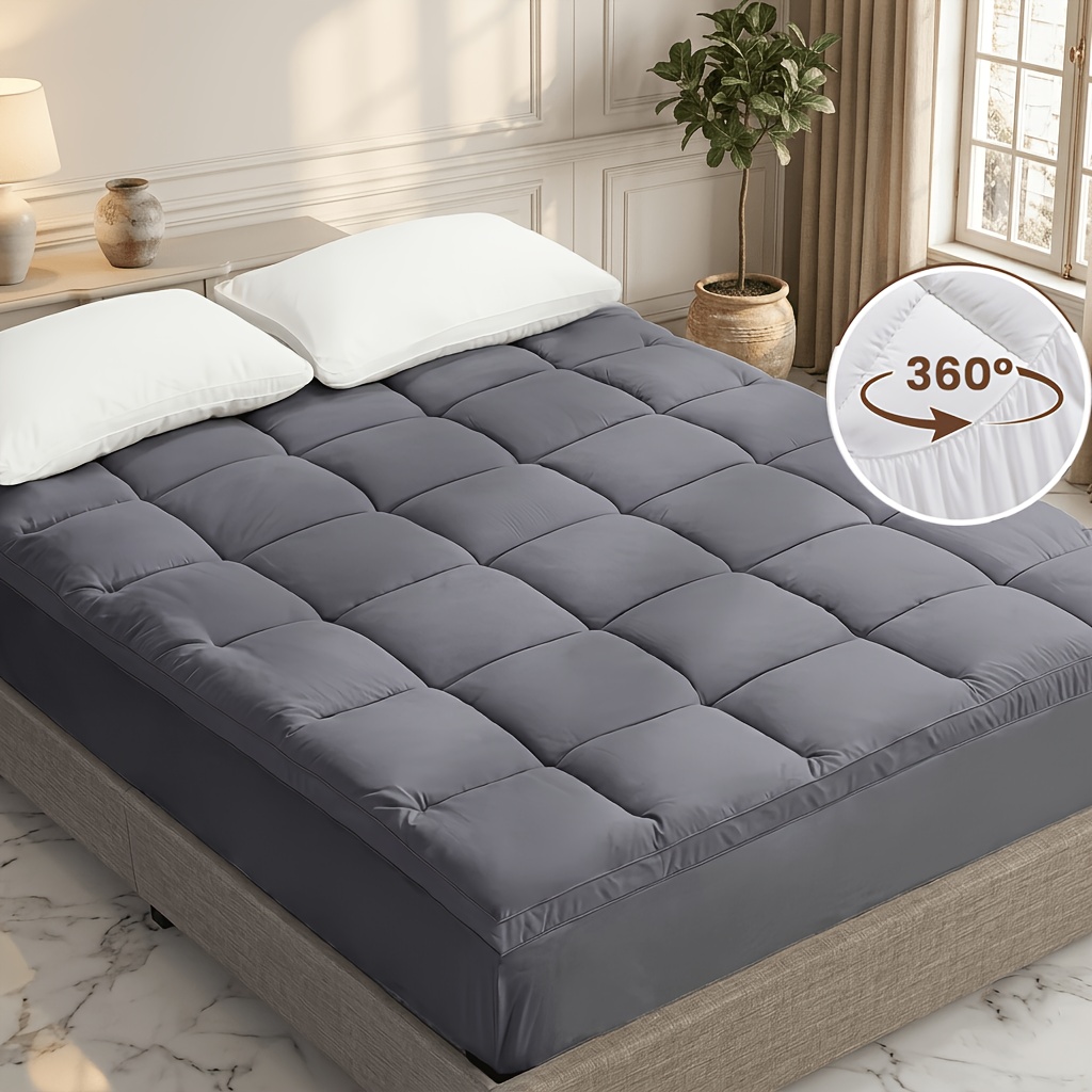 Image of Hotel Quality Quilted Mattress Topper With 360° Elastic Band & Plump Protector Cover - Thick Soft Bed Cover Suitable For All Mattresses, Anti-slip Bedspread, For, Guest Rooms, Dorms
