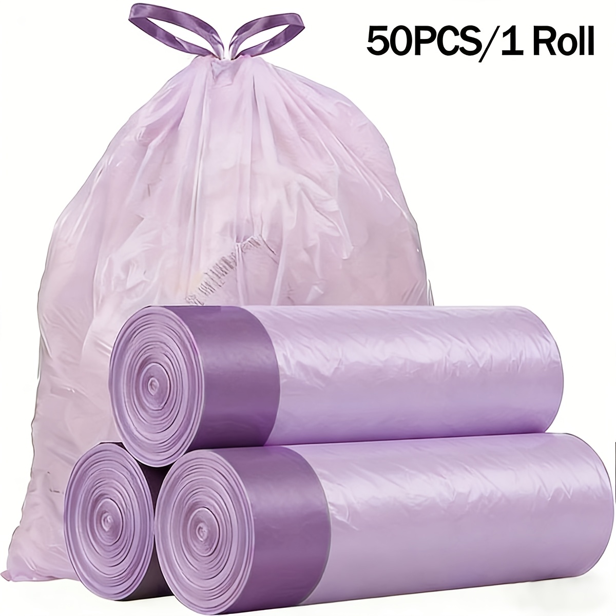 a roll of 50   tear resistant leak proof garbage bags with drawstrings ideal for   uses like in the bathroom outdoors   restaurants hotels and more featuring a   sealing design