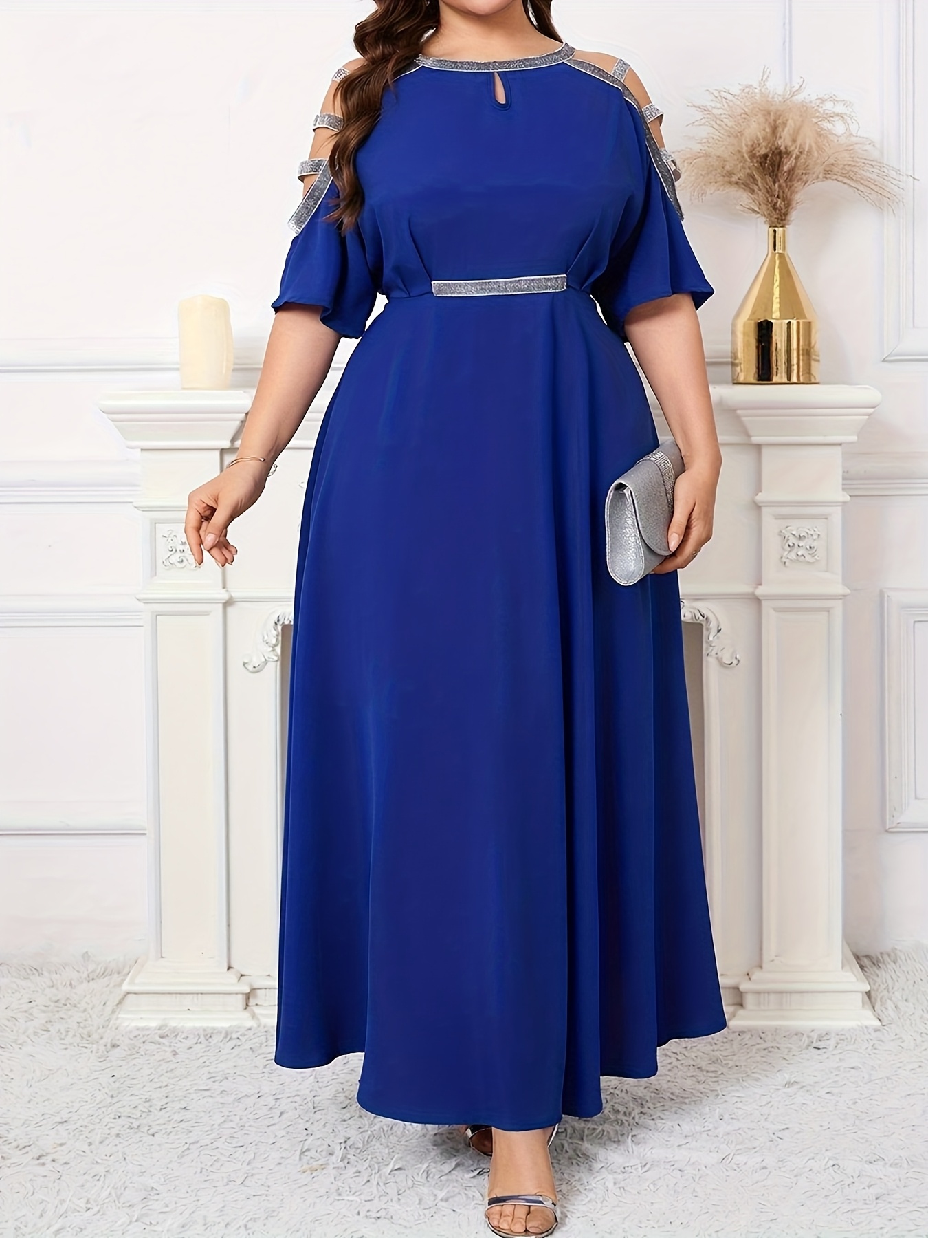 royal blue shoulder elegant midi dress plus size sleeveless Temu