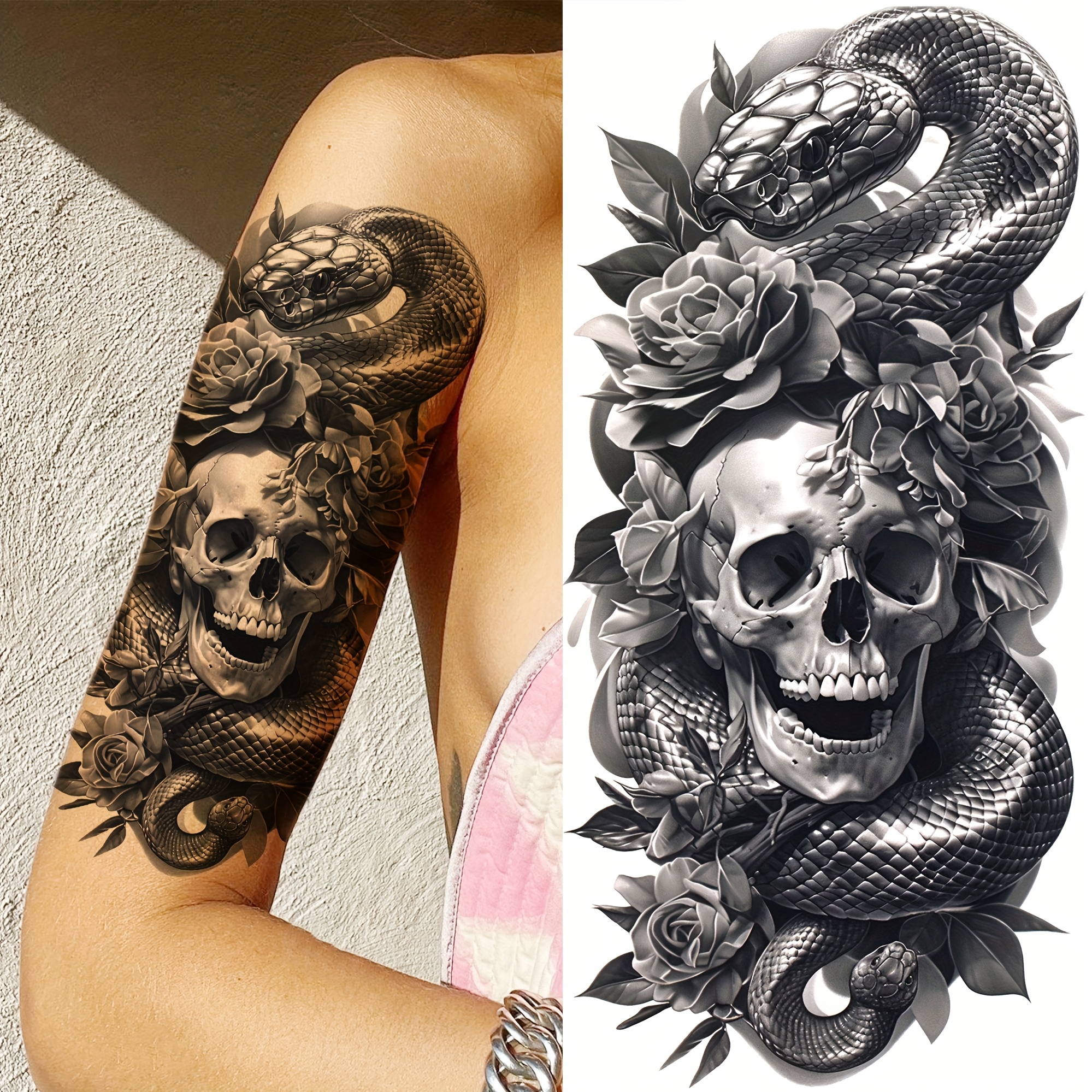 1 Sheet Realistic Temporary Tattoos - Snake & Skull with Rose Floral Design, Waterproof Long-Lasting Fake Body Art for Halloween, Gothic, Vampire, Zombie Costume Parties - Thigh, Arm, Leg, Half Sleeve for Women & Men Adults, Halloween Clothes, Party Accessories, Gothic Tattoo, Intricate Design