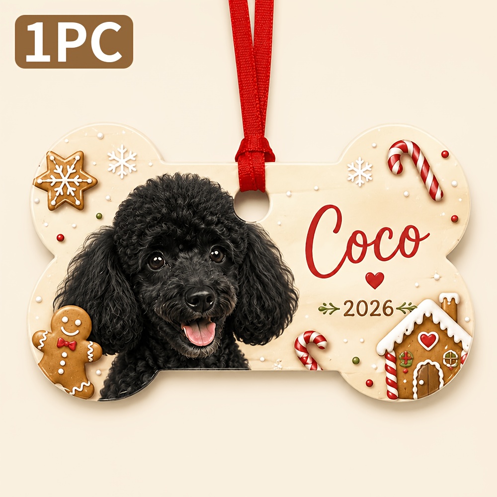 TEMU 2d Flat, 1pc Personalized Custom Pet Photo Ornament - Dog Bone-shaped Keepsake With Your Own Photo, Name & Year - Suitable For Christmas Tree