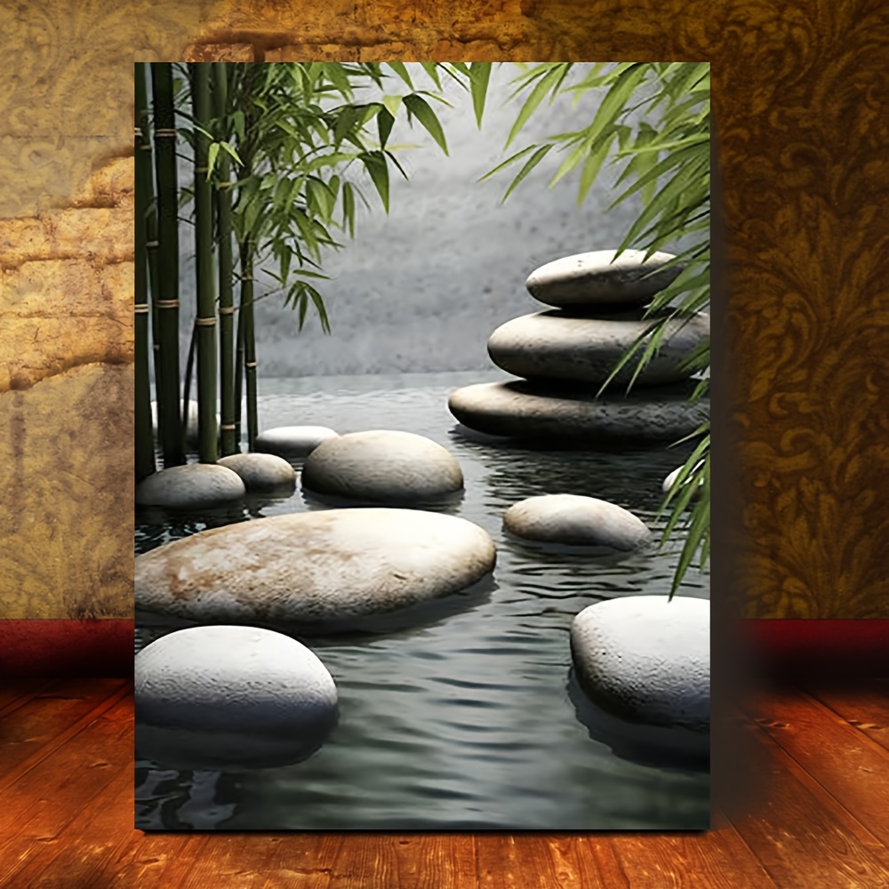 TEMU 1pc & Stones Framed Canvas Wall Art, Water Scene Nature Painting, Ready To Hang Wooden Frame, 15.7x11.8 Inches (40x30cm), Relaxing Home Decor &