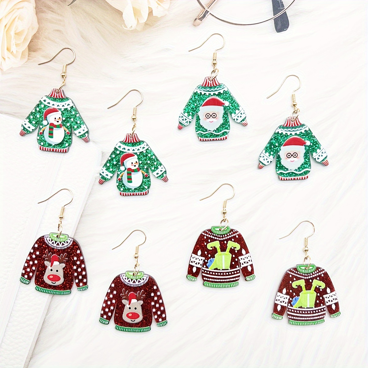 

4 Pairs/set Acrylic Christmas Sweater Pendant Earrings With Glitter, Creative And Christmas Gift, Simple And Christmas Earrings For Women, Best For Christmas