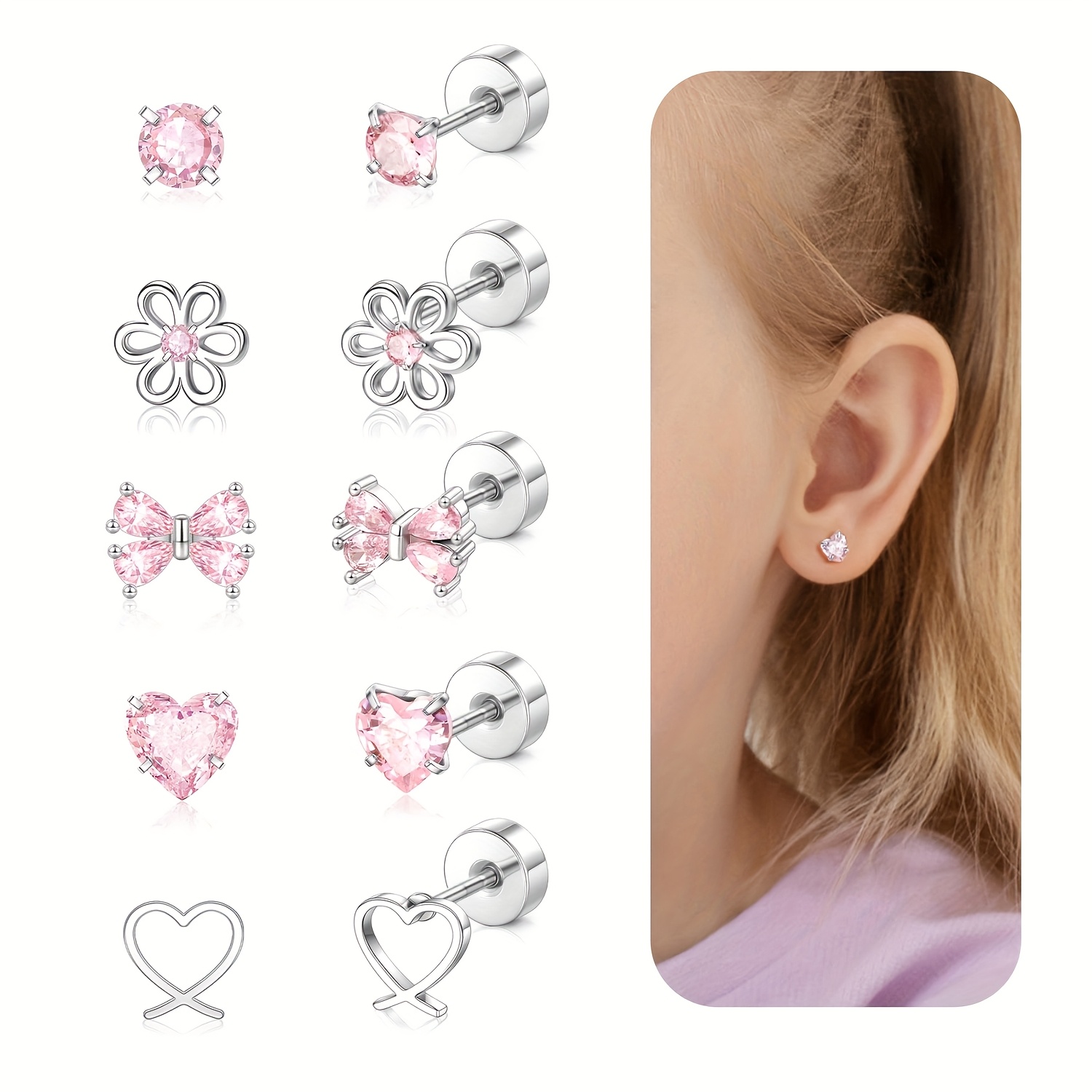 TEMU 5 Pairs Cute Screw Back Earrings For Girls Earrings In 316l Stainless Steel, Hypoallergenic With Heart, Bow & Synthetic Cubic Synthetic Cubic