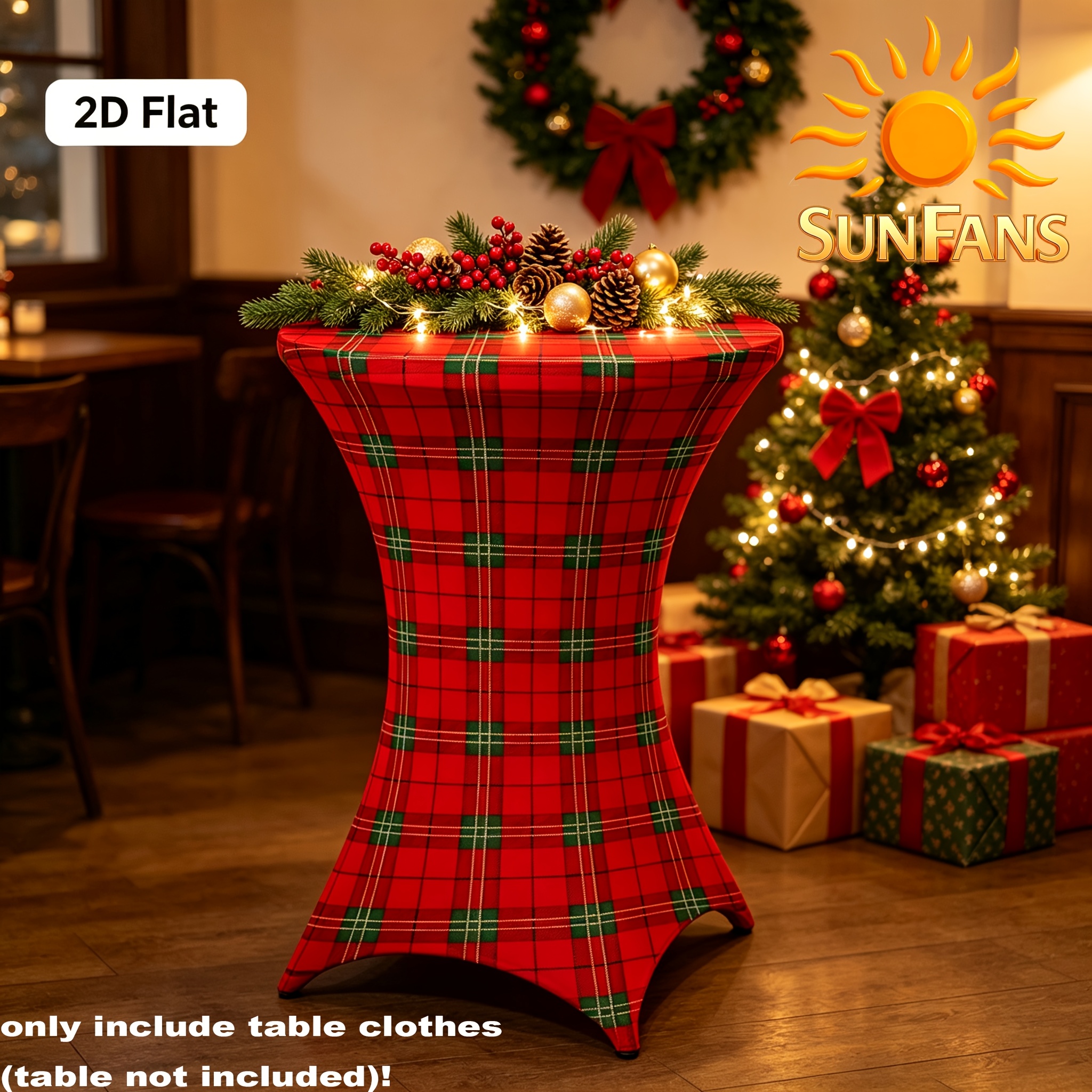 TEMU 2D Platte SUNFANS Vintage Kerst Rood-Groen Tartan Spandex Hoge Bar Cocktail Tafelkleed, Elastisch Aansluitend Rond Tafelkleed, Herbruikbaar