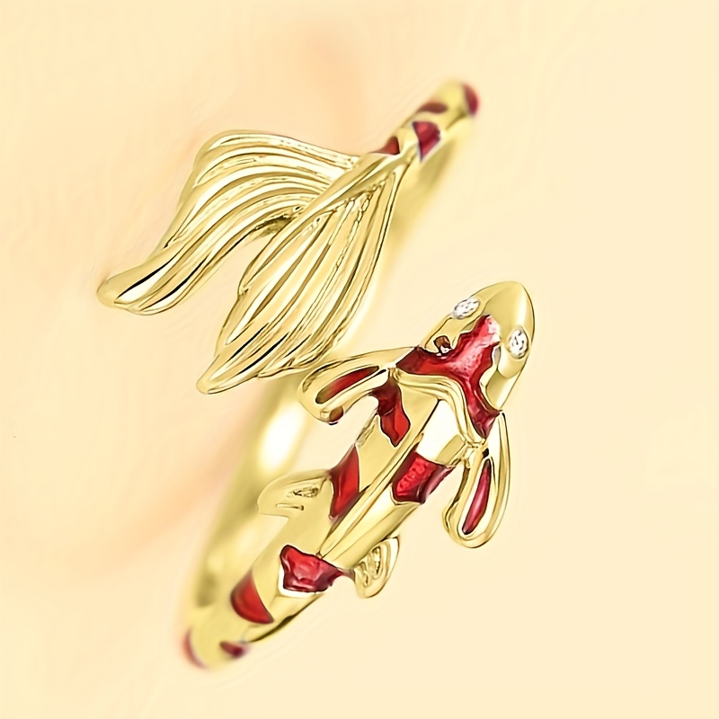 TEMU 1 Unique Fashionable Women's Ring With Red Enamel Koi , Adjustable For Parties, Daily Wear, And New Year Gifts