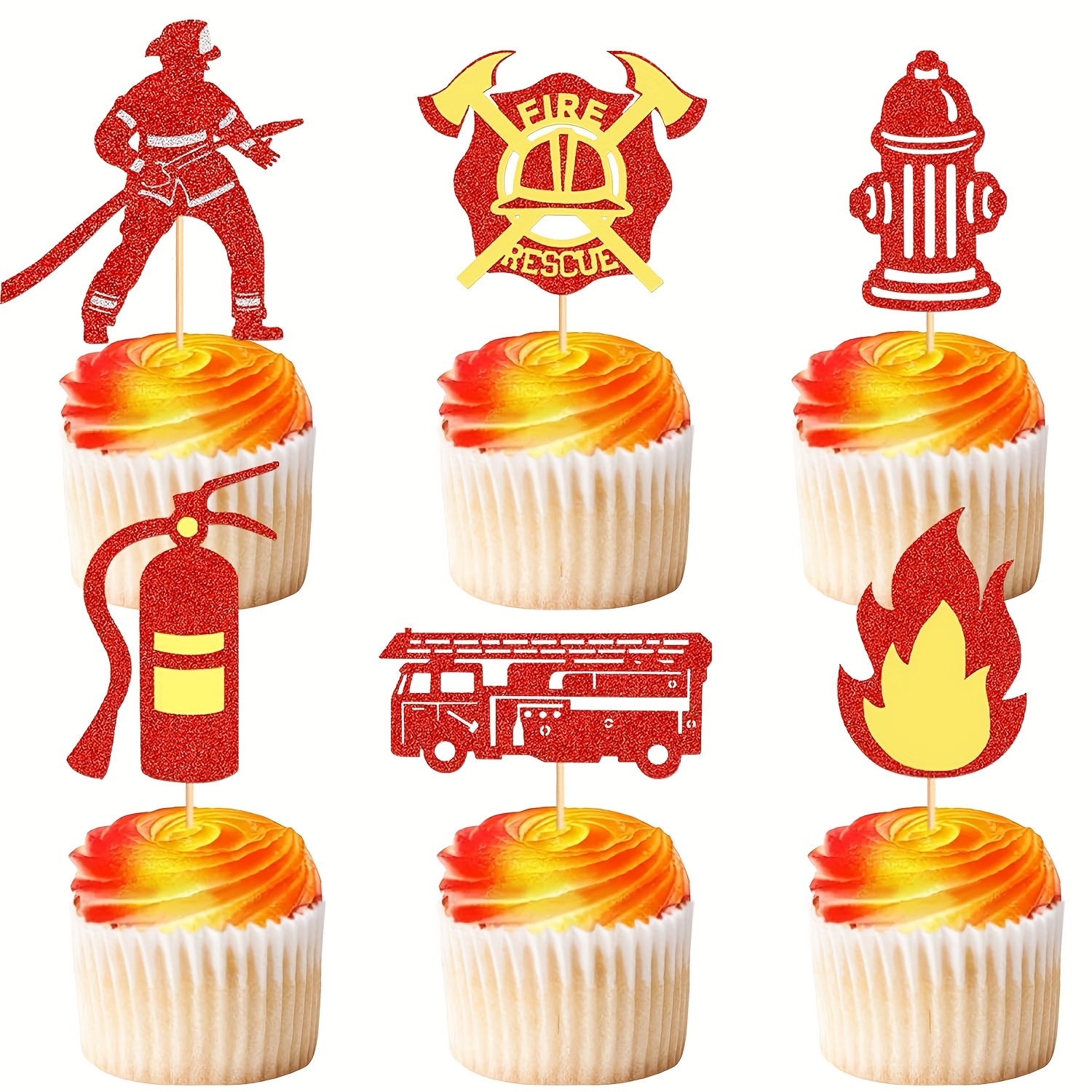 Image of 24pcs Fireman Cupcake Toppers Red Glitter Fire Cake Topper Fireman Cupcake Picks For Fire Theme Baby Shower Birthday Party Cake Decoration Supplies