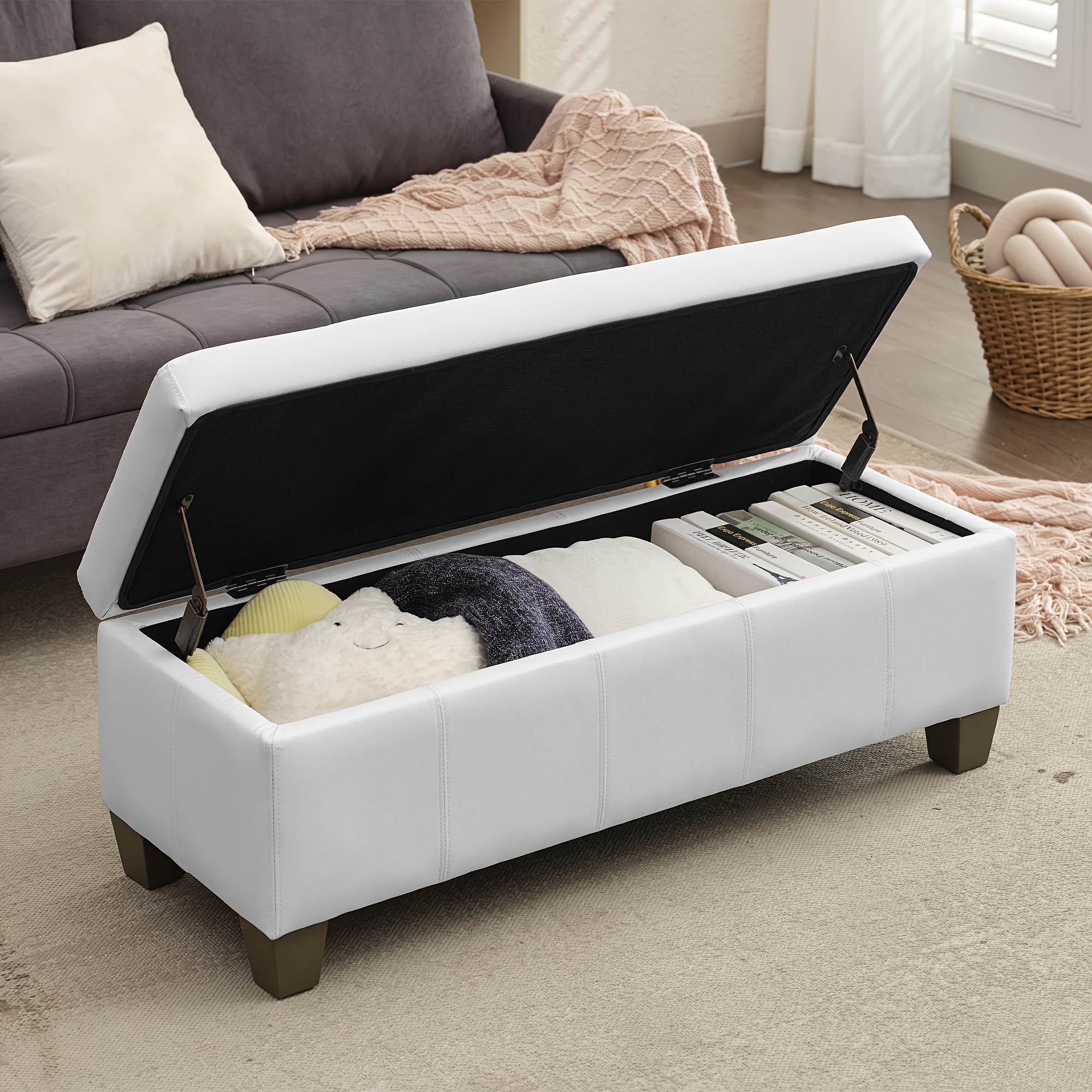 Leather Ottoman With Storage, Rectangular Extra Long Storage Bench For  Bedroom And Living Room