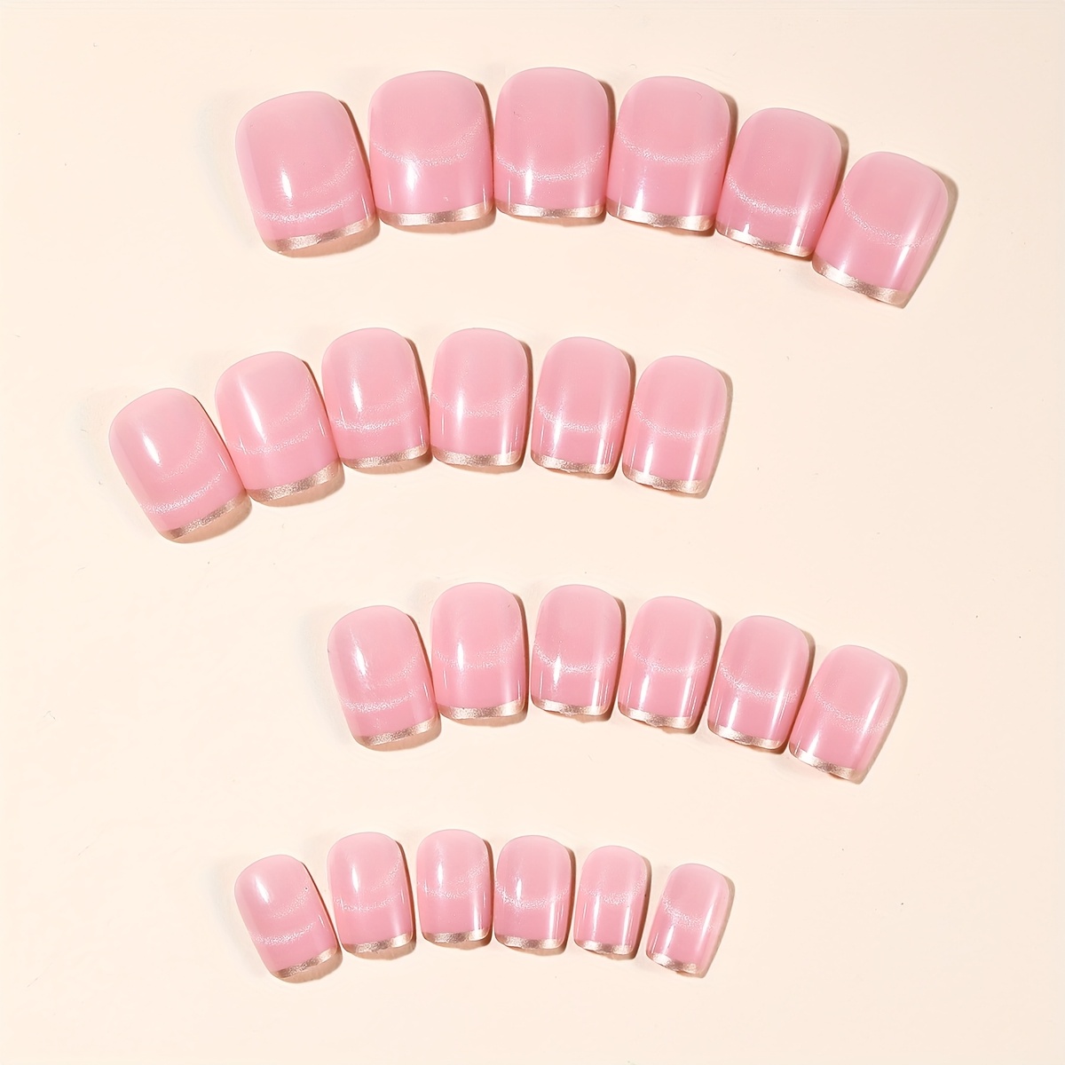 TEMU 24pcs Short Square Nails, Minimalist Nude Pink Champagne French Tip Glitter Cat Eye Gloss Full Cover Press-on Fake Nails For Women And Daily