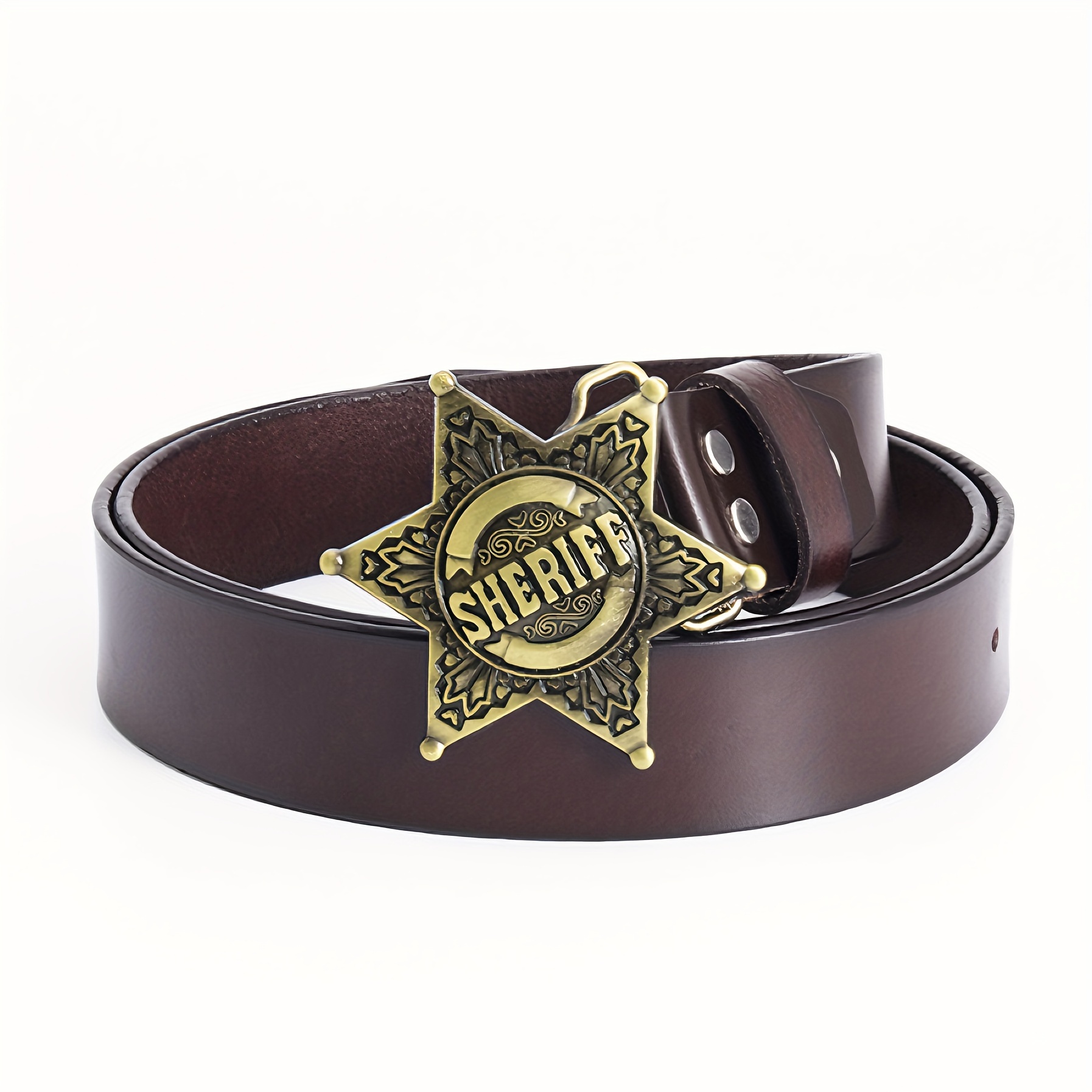 TEMU Sheriff Slogan Double Layer Cowhide Western Cowboy Style Belt Retro Street Style Accessory Pants Belt