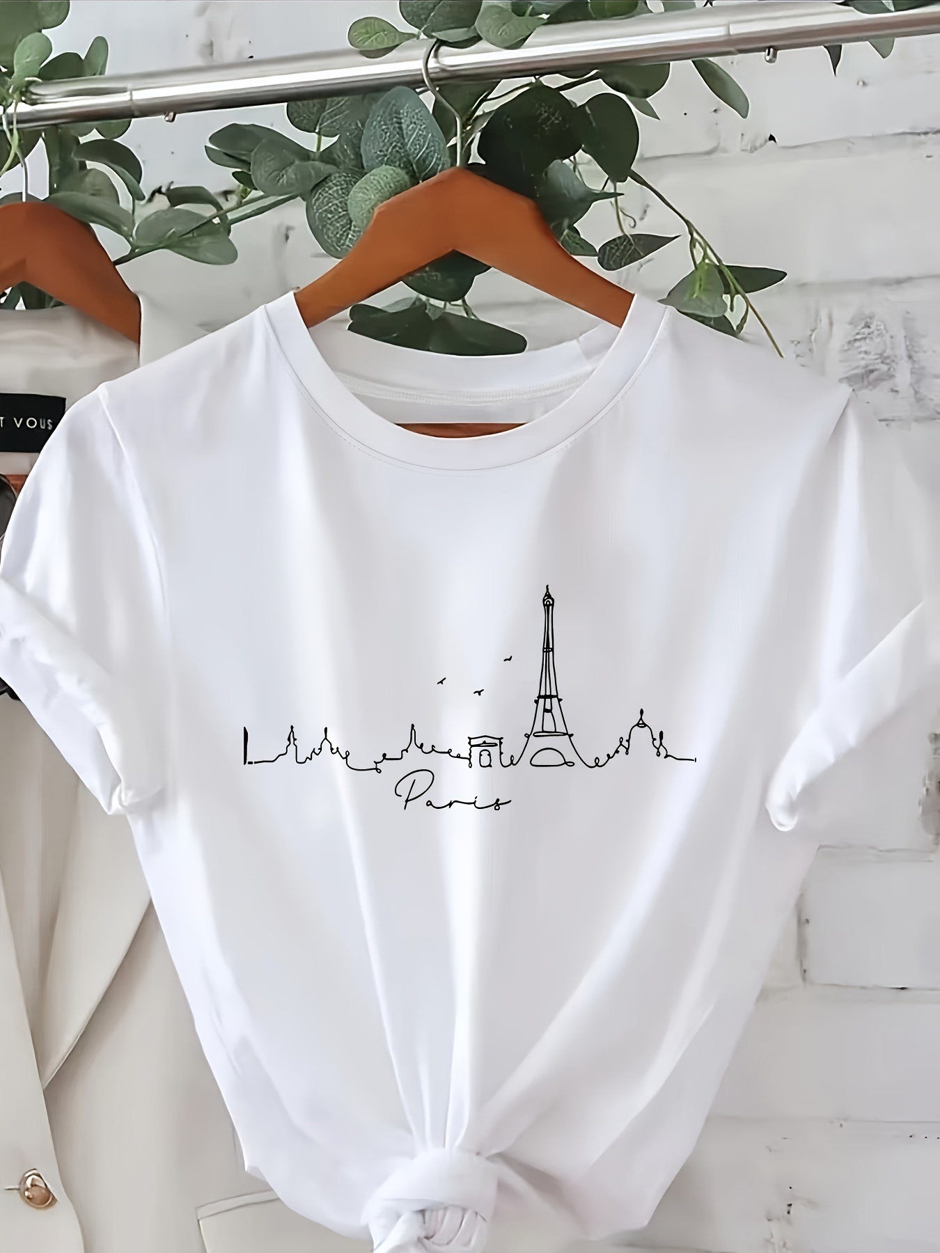 Women'S Casual Crew Neck T-Shirt with Geometric Paris Eiffel Tower Print, Short Sleeve Knit Fabric Top, 100% Polyester, All Seasons - White