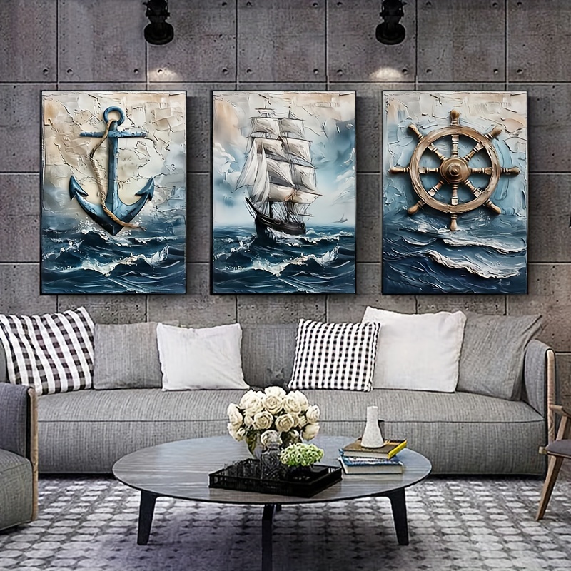 

Set Of 3 Art Deco Style Nautical Oil Paintings On Canvas - Anchor, Ship, And Helm Wheel - Portrait Orientation Frameless Posters For Living Room And Bedroom Indoor Wall Decor, 15.7 X 23.6 Inch Each