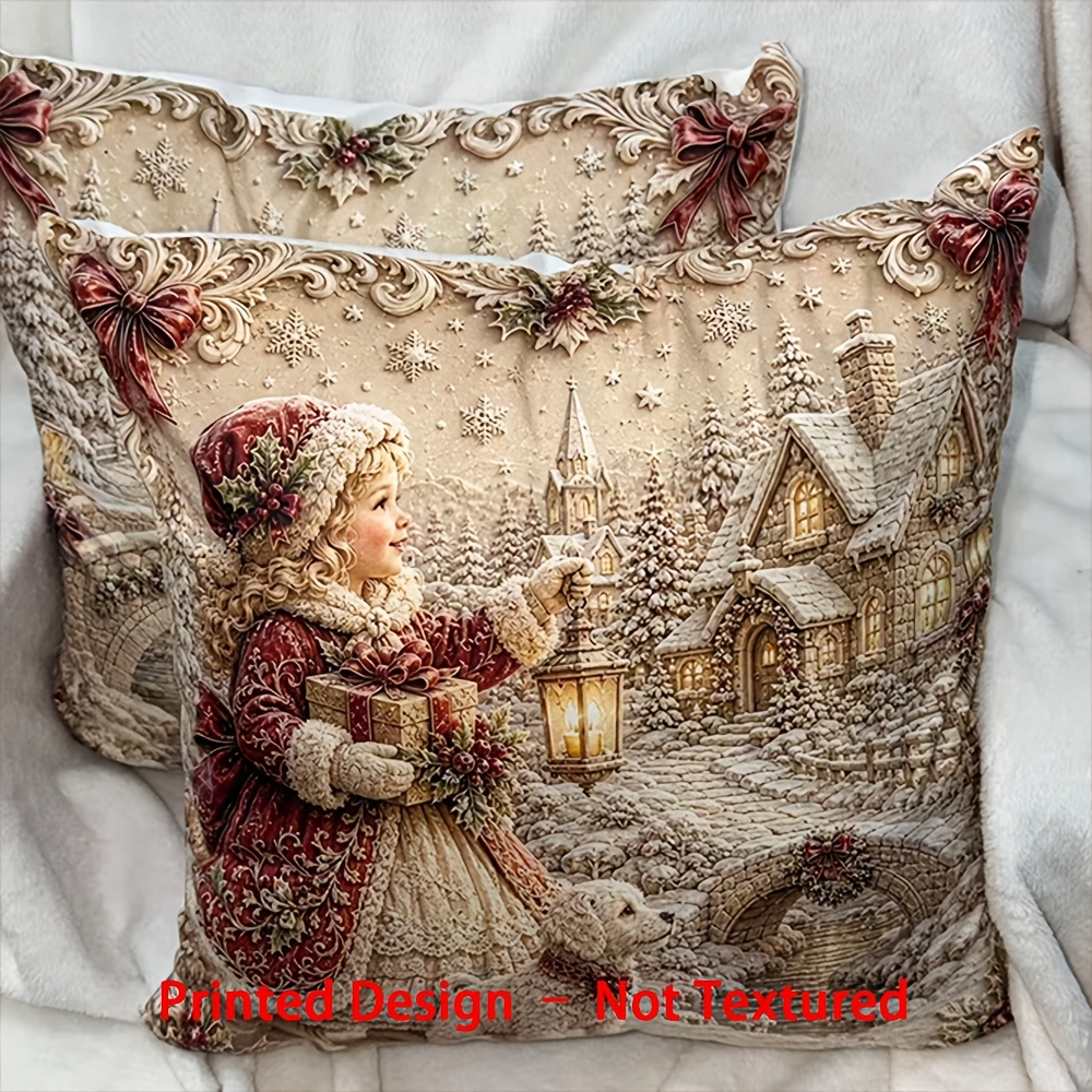 TEMU Printed Design – Not Textured-2pcs Vintage Christmas Santa & Girl Winter Scene Throw Pillow Covers, Single-sided Printing, Zipper Closed, Size