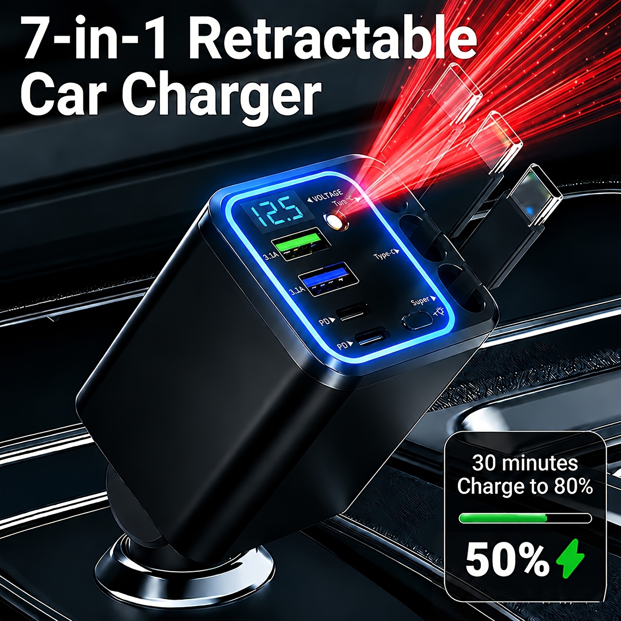 TEMU OUYAAQII 120W Snelle Intrekbare met 3 USB Type-C Datakabels - Universele Stekker, Geen Batterij, 180° Verstelling, Anti-Knoop Veerontwerp,