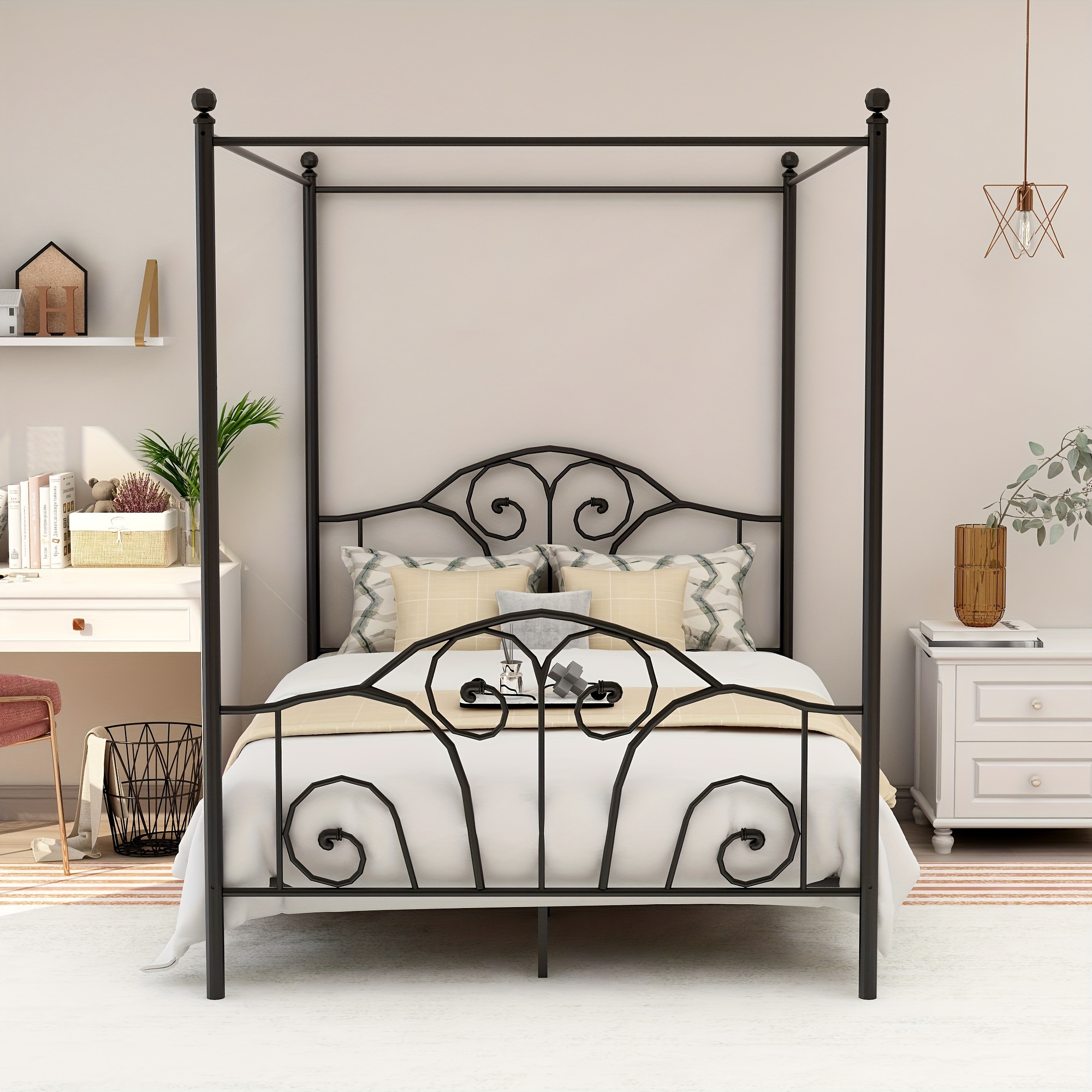 

1 Set Four-poster Metal Full Size Bed Frame With Headboard And Footboard Sturdy Slatted Structure Spring Needed (78 In/198 Cm*55 In/139 Cm)(precision Iron, Pipe Thickness 1.0mm)