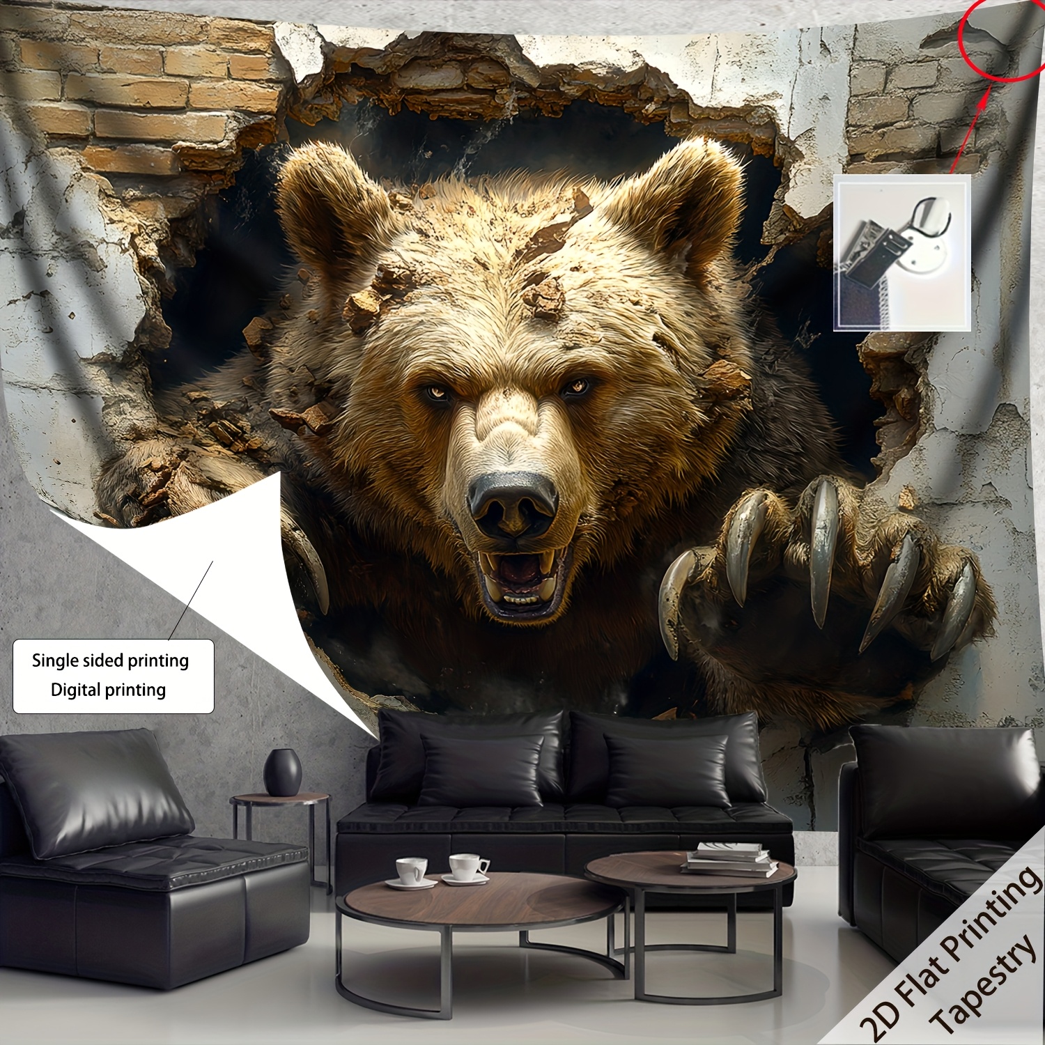 Large Hd Printed Wild Bear Wall Tapestry Polyester Fabric Decor_voghion.com