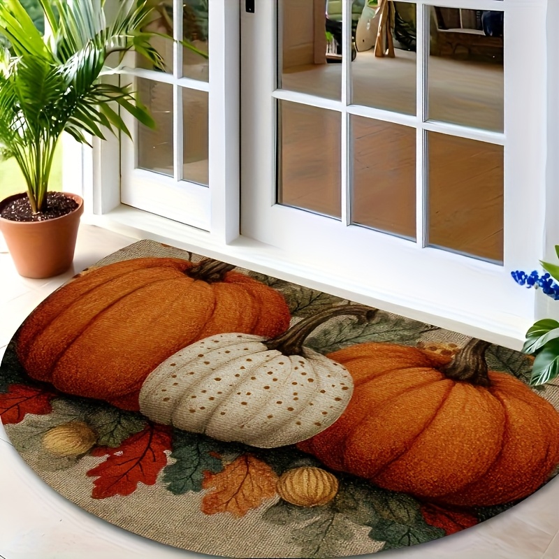 TEMU 1pc Semicircular Autumn Leaves & Pumpkins Doormat - Non-slip Mat, 100% Polyester Indoor/outdoor Mat For Entrance, Hallway, Garden, Kitchen, Fall