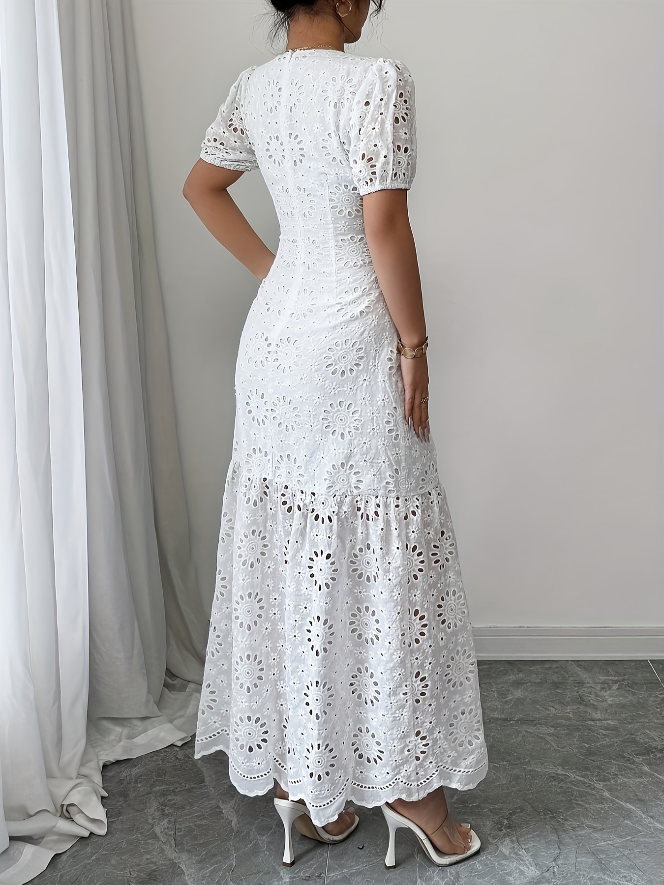 elegant hollow dress women white eyelet midi dress fit - Temu Denmark