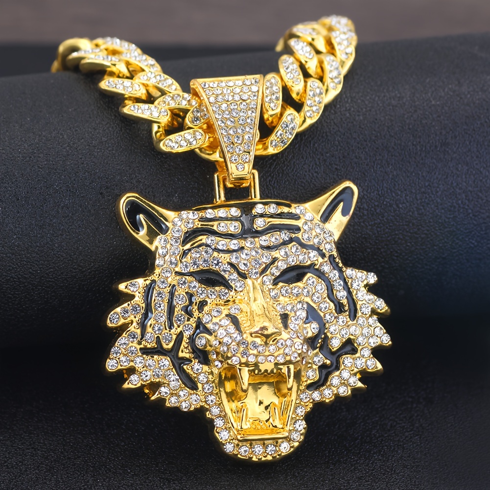 

1pc Shiny Tiger Pendant With Ice Cuban Chain Hip Hop Charm Choker Necklace For Men And Women