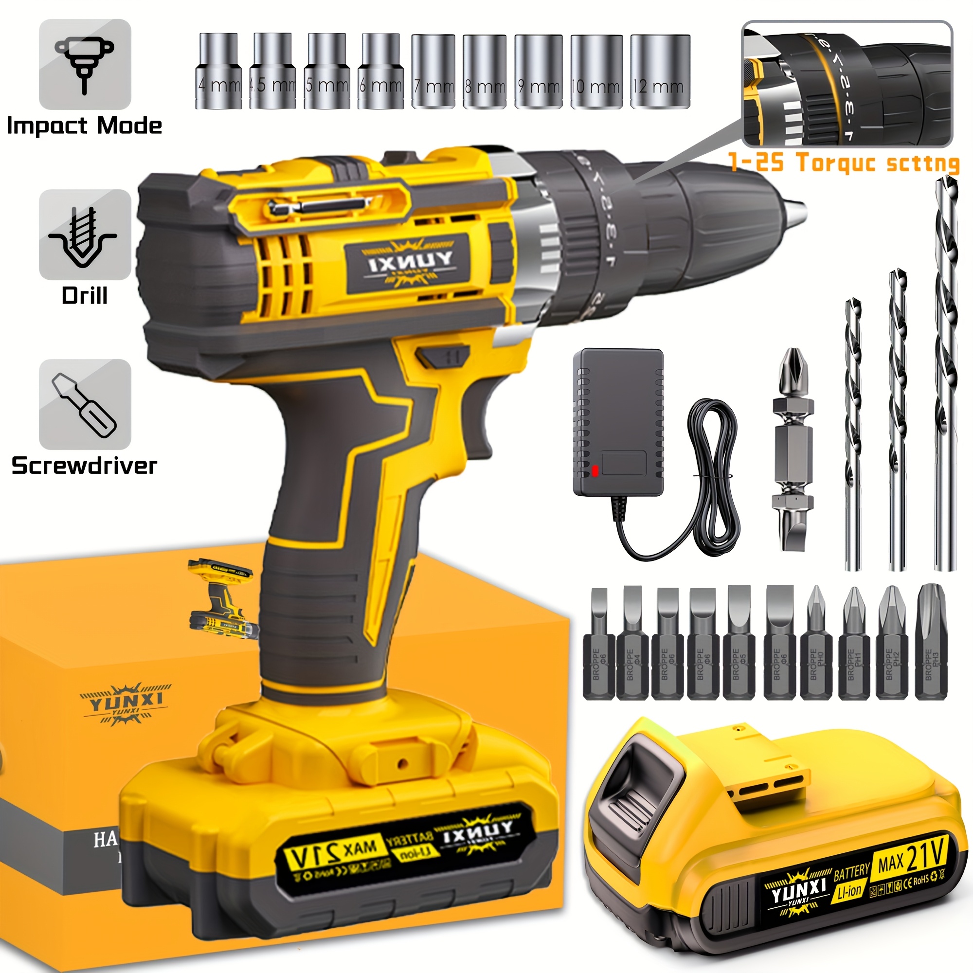 TEMU 21v Cordless Impact Drill Set, Wireless Drill Set, Household Power Tool Set, With Battery And Quick Charger, Battery Powered, Multifunctional