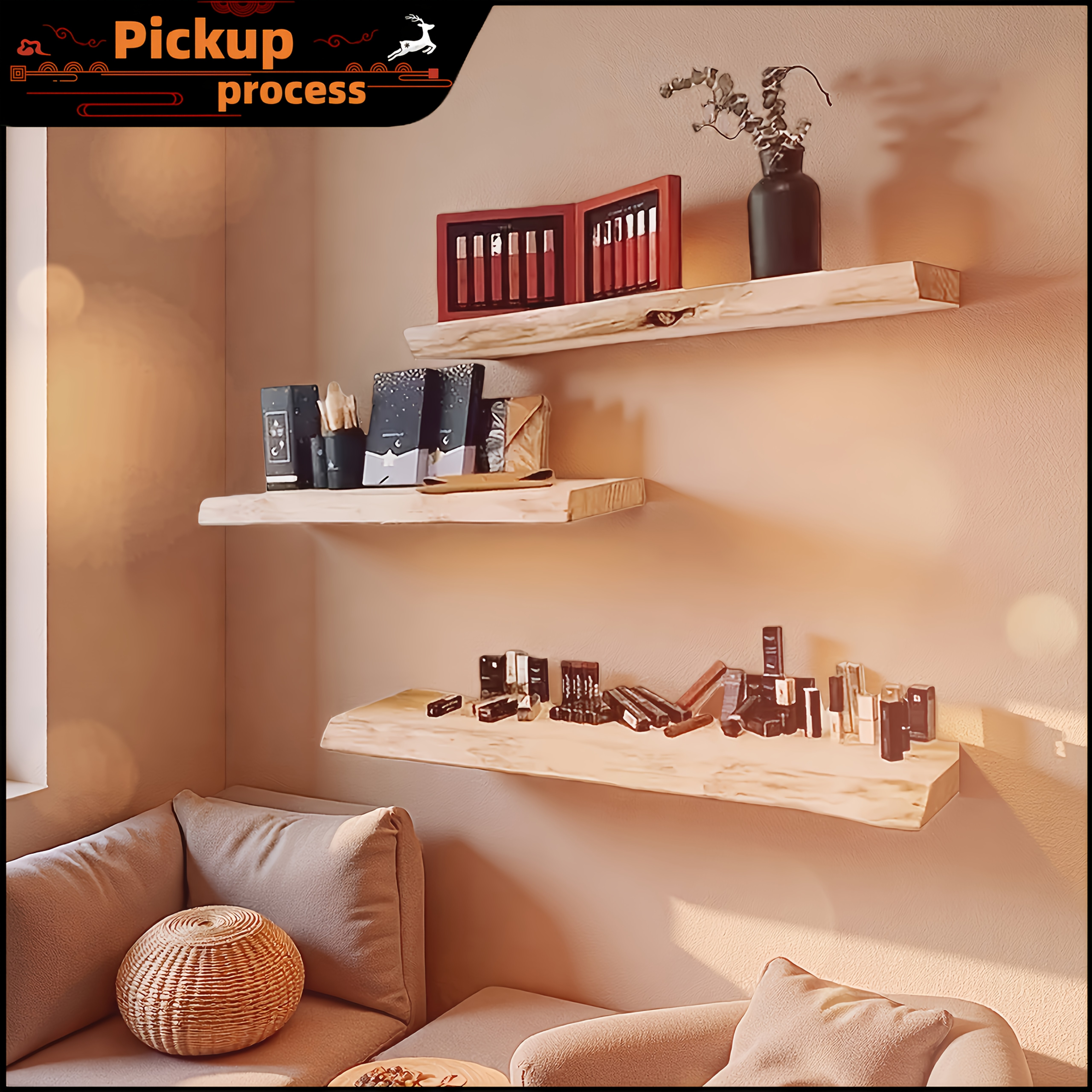 Cedar Solid Wood Handmade Floating Shelf with Natural Wood Grain and Hand-sanded Natural Edges. Large Floating Shelf, Suitable for Guesthouses, Farmhouses, Living Rooms, Kitchens, Bathrooms, and Bedrooms. Pre-drilled Holes for Easy Installation.