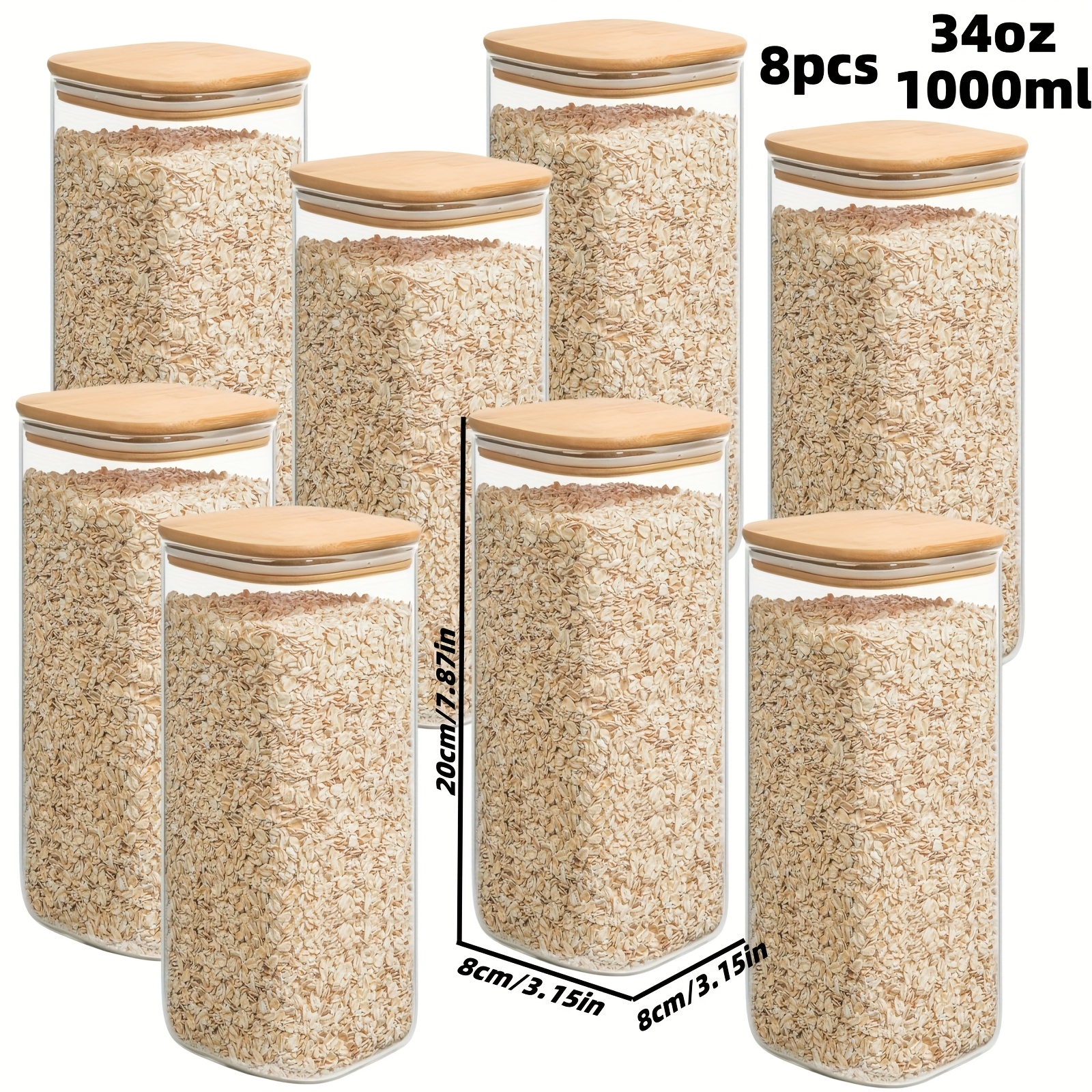 TEMU Set Of 8 Transparent Glass Storage Containers, 34oz Each, Featuring Bamboo Lids. Square Borosilicate Glass Jars Are Perfect For Sealing And