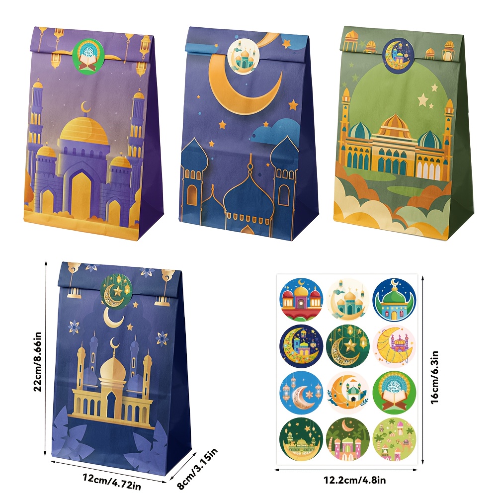 12pcs/set Ramadan Eid Mosque Flat Bottom Paper Bags, 4 Styles Waterproof Festival Gift Bags With Stickers For Gift Wrapping