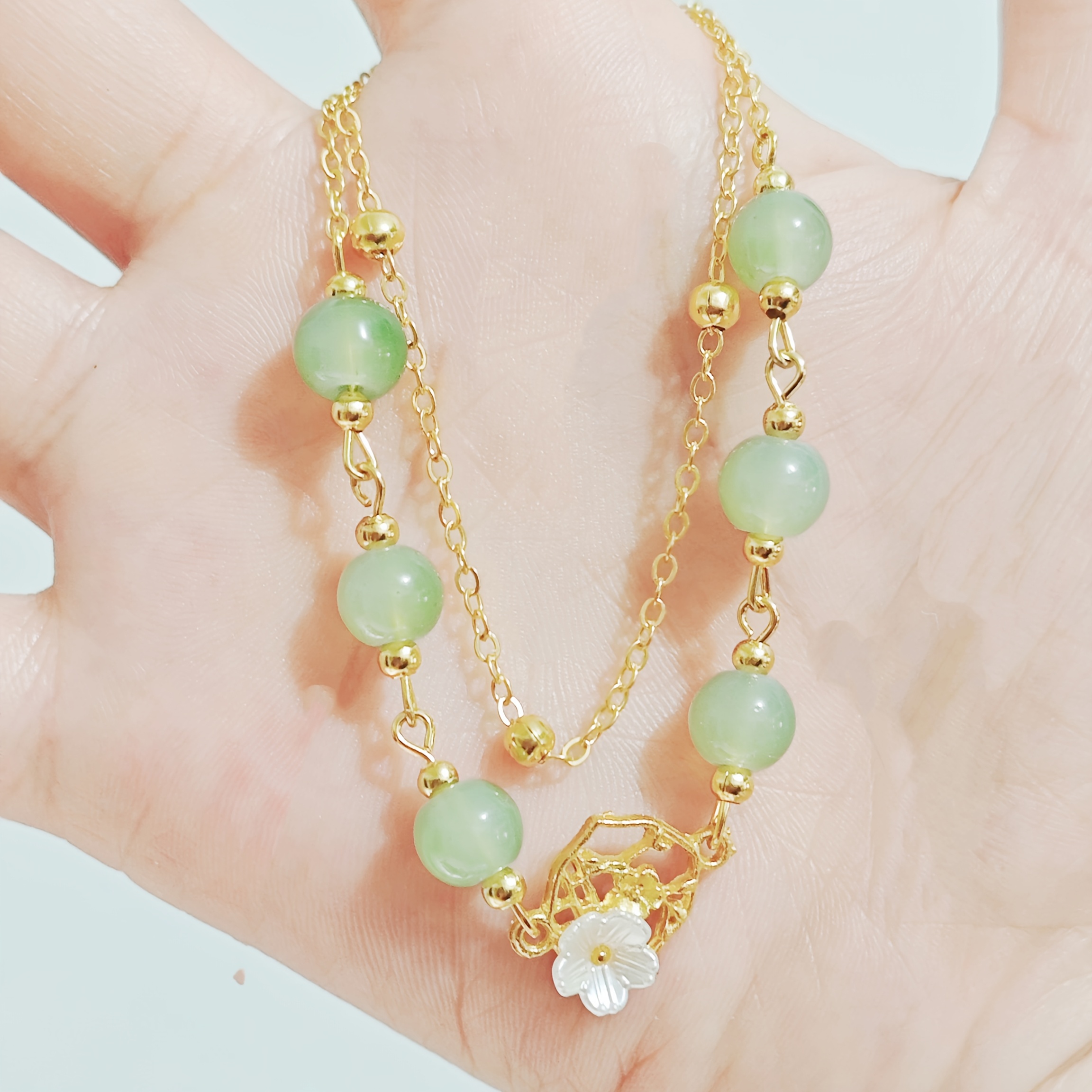 TEMU Bracelet Empilable à Double Couche en Jade Artificiel de Fleur, le Nouvel Indispensable Polyvalent de l'Été ! Un Accessoire Style Instagram pour