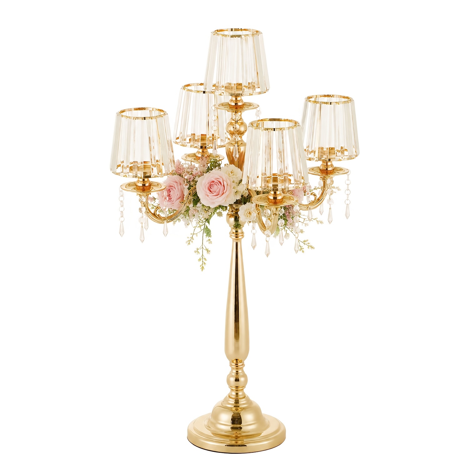 TEMU 1pc 5-arm Golden Glass Candlestick With Crystal Pendant Chains, 32.9in Metal Stand Floor Candle Holder For Wedding Centerpiece, Dining Table