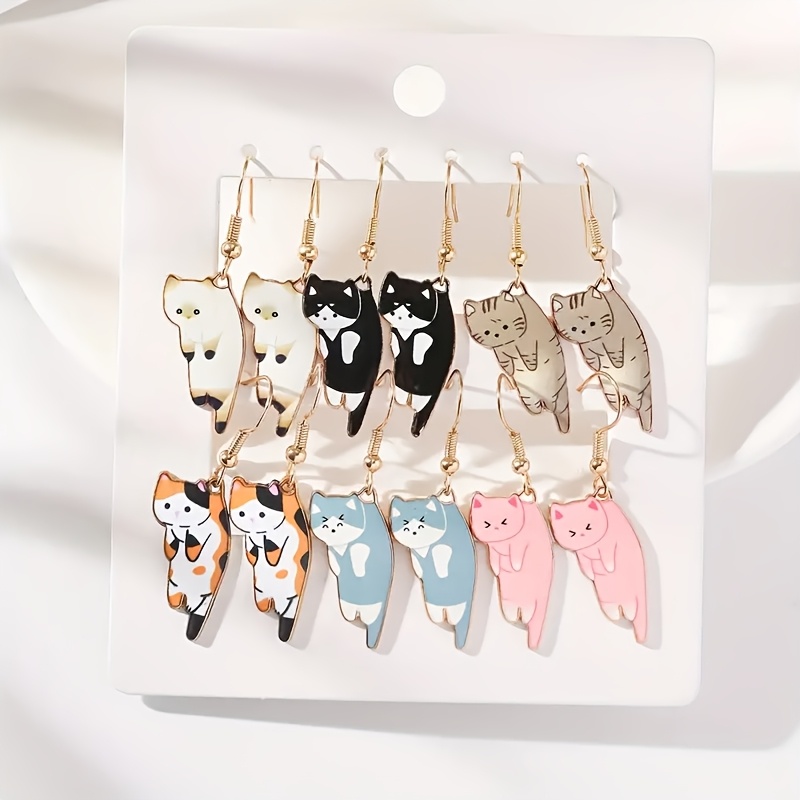 TEMU 6 Pairs/set Of Cute Colorful Design Pendant Earrings Cartoon Style Alloy Jewelry Gift For