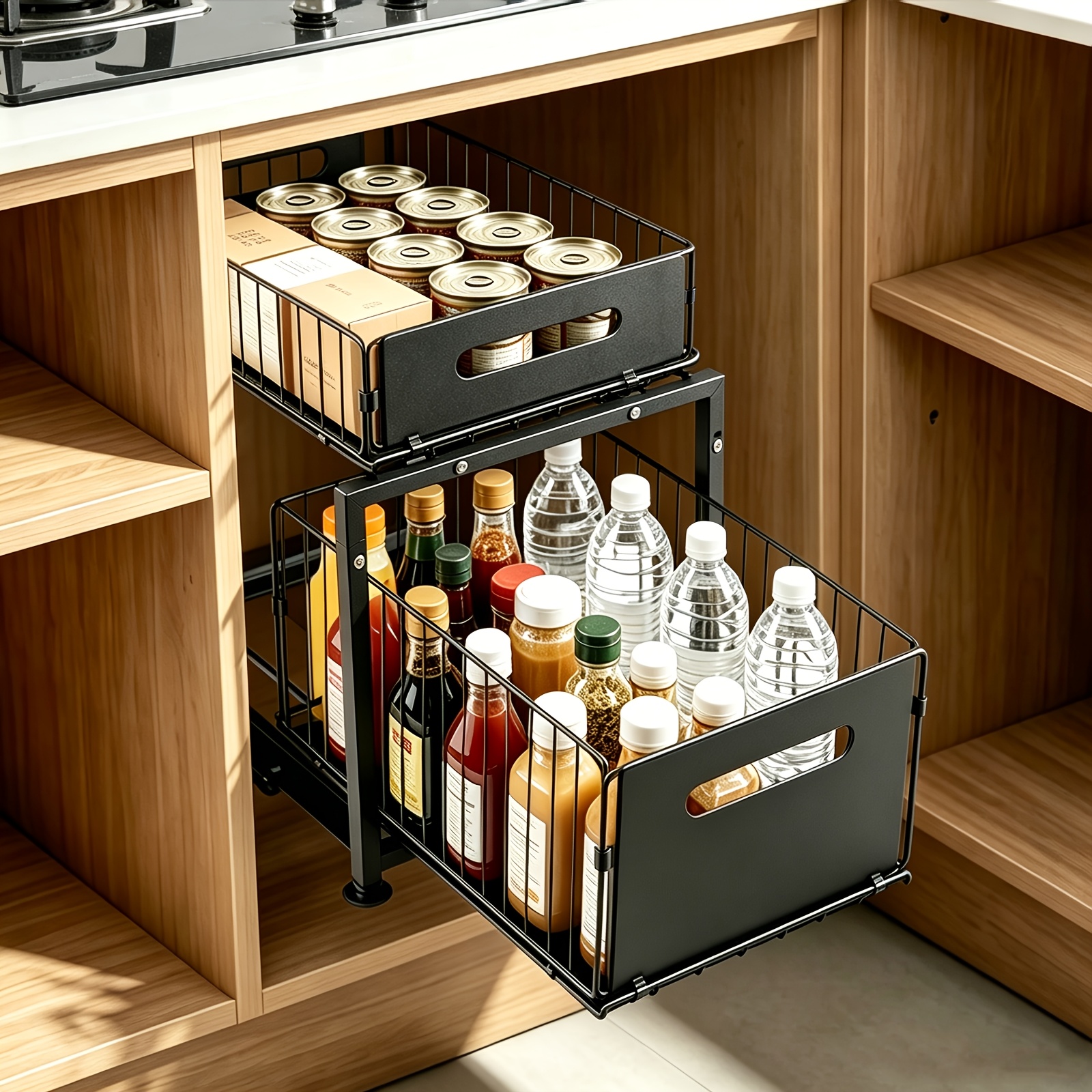 2-tier Pull-out Kitchen Cabinet Organizer, Multifunctional Sliding Shelf For Sink Cabinet Dining Cabinet Side Cabinet, Height Adjustable 41-44cm Cabinet Storage, No Drilling Required