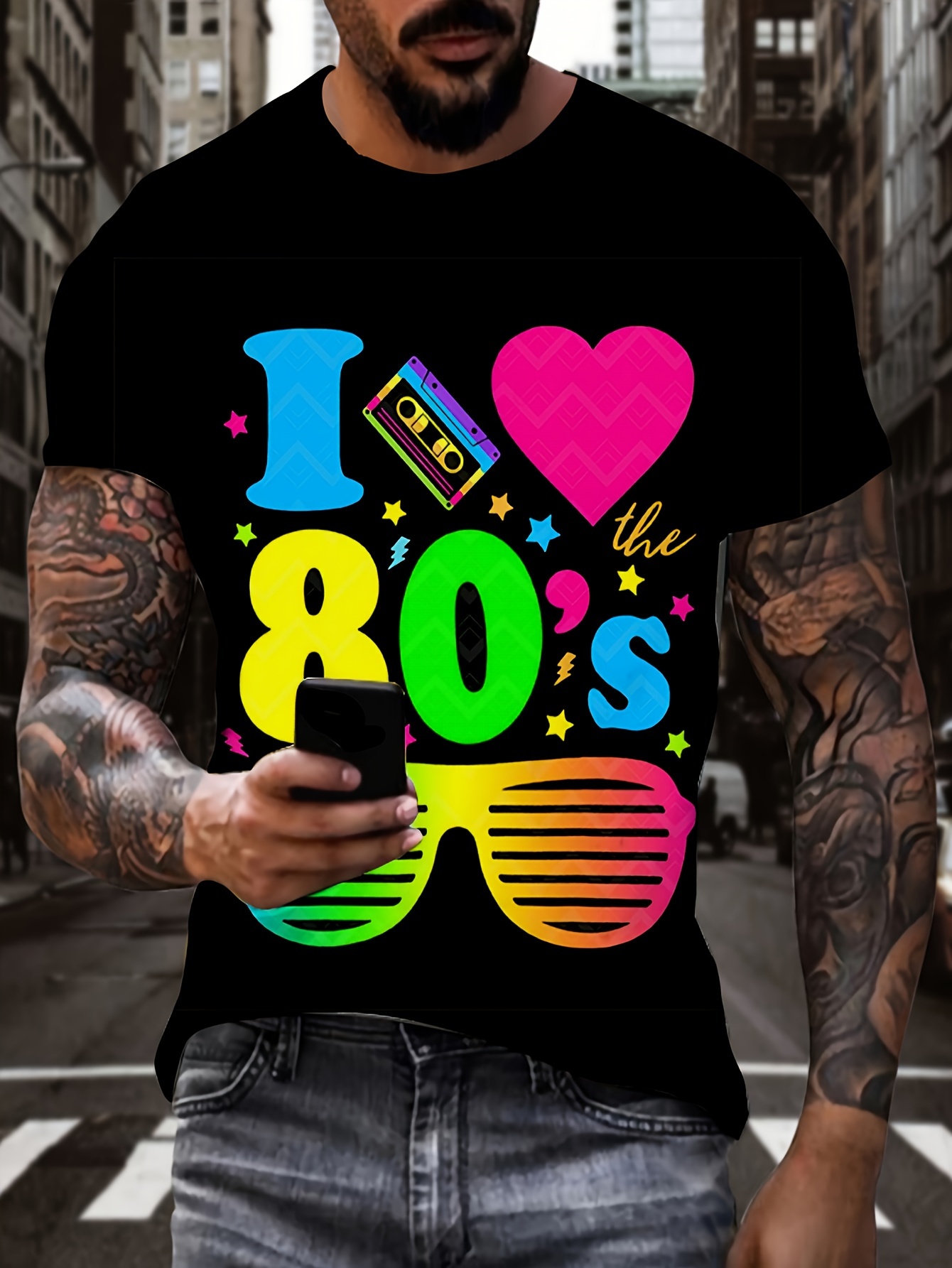 mens 80s retro print t shirt neon 80s nostalgia Temu United