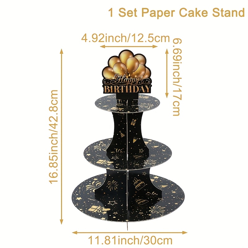 TEMU 1pc Elegant Black & -tier Paper Cupcake Stand - Festive Birthday, Christmas, Easter, Graduation Party Cake Holder With Balloons & Fireworks