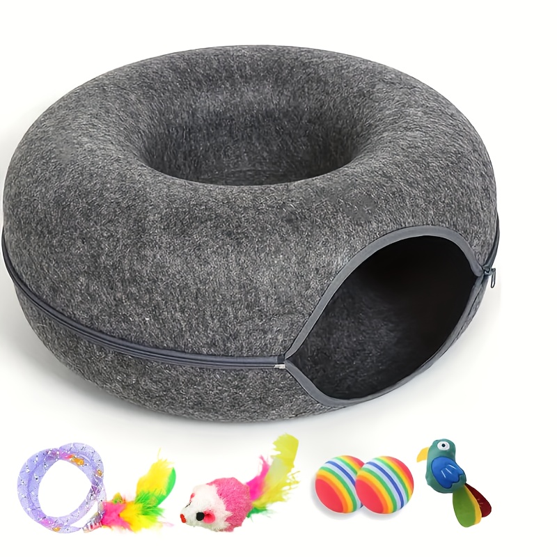 TEMU 24*24*11inch Cat Cave For Indoor Cats, Cat Donut Cat Tunnel Bed Come With Toys, Scratch Resistant Cat Toys For Medium Large Cats, Pet Supplies