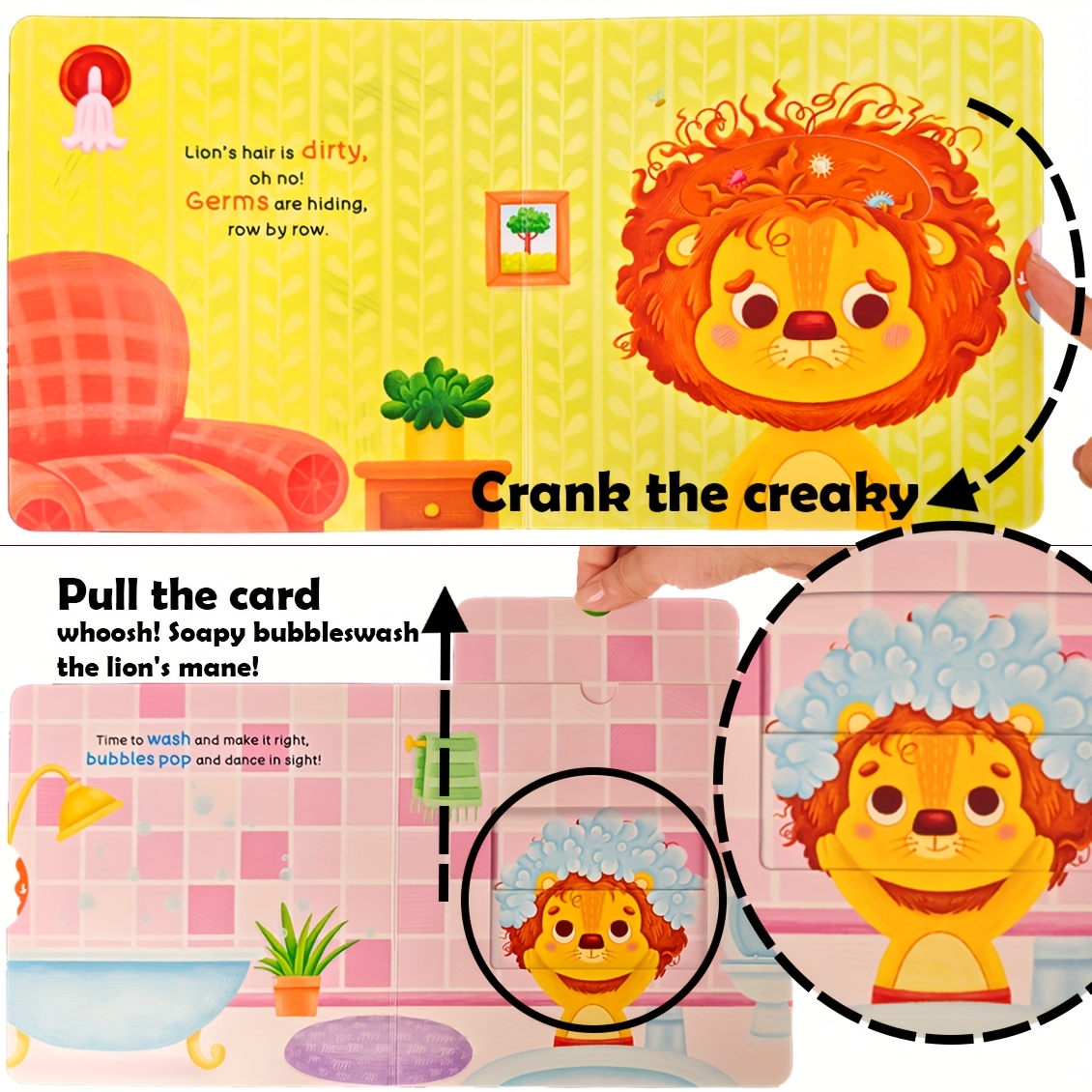 A Day Dedicated to Clean Hair for Lions, Interactive Push-Pull Books, an Engaging Busy Book, a Parent-Child Activity Book Focused on Hair Hygiene for Preschoolers, Fun Mechanical Designs to Enhance Independent Skills, a Book on Hair Care with Playful Illustrations, a Durable Board Book Featuring Captivating Images, Robust Construction, an Ideal Early Education Gift for Christmas And Birthdays, Activities for Kids During Airplane Travel, Bear