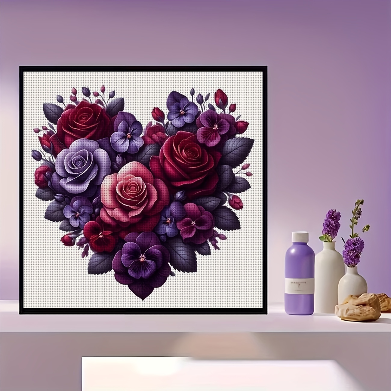 Printed DIY Cross Stitch Kit, Frameless, "Heart-Shaped Purple Flowers" Pattern