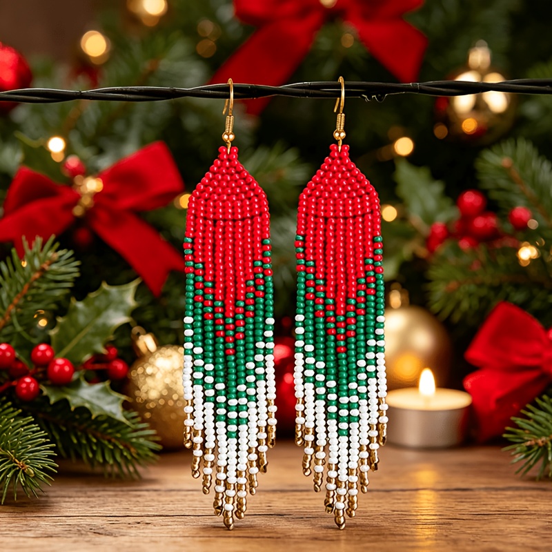 TEMU Boucles d'oreilles Boho tissées à avec perles de graine et pompons, boucles d'oreilles longues vertes, rouges et blanches pour Noël, bijoux à