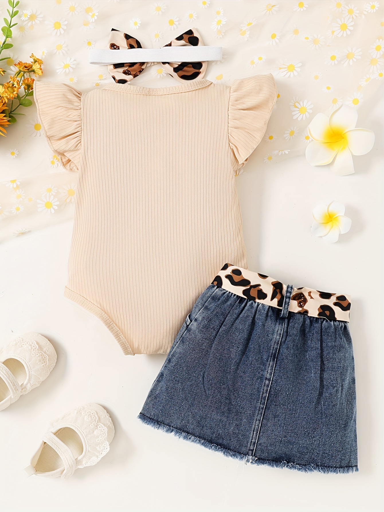 baby's stylish summer denim skirt outfit cap sleeve bodysuit Temu