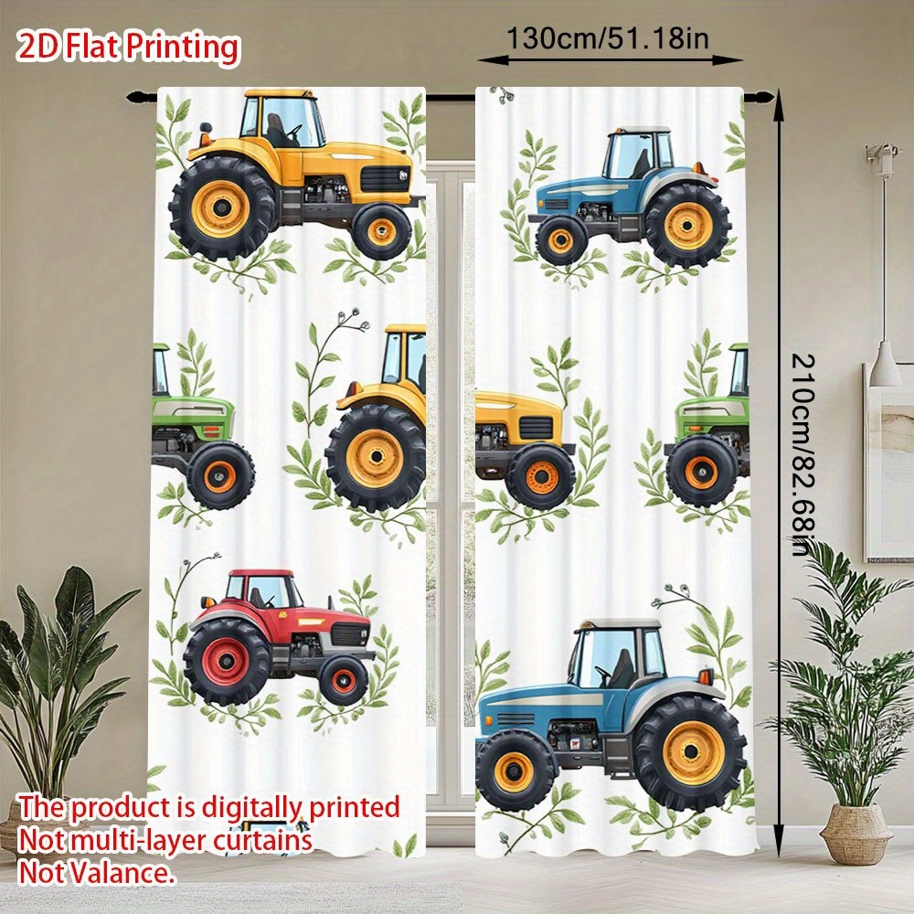 TEMU 2pcs Vibrant Tractor Curtains - Colorful Design, Semi-transparent Polyester, Easy Pole Pocket Installation, Perfect For Bedroom, Living Room,