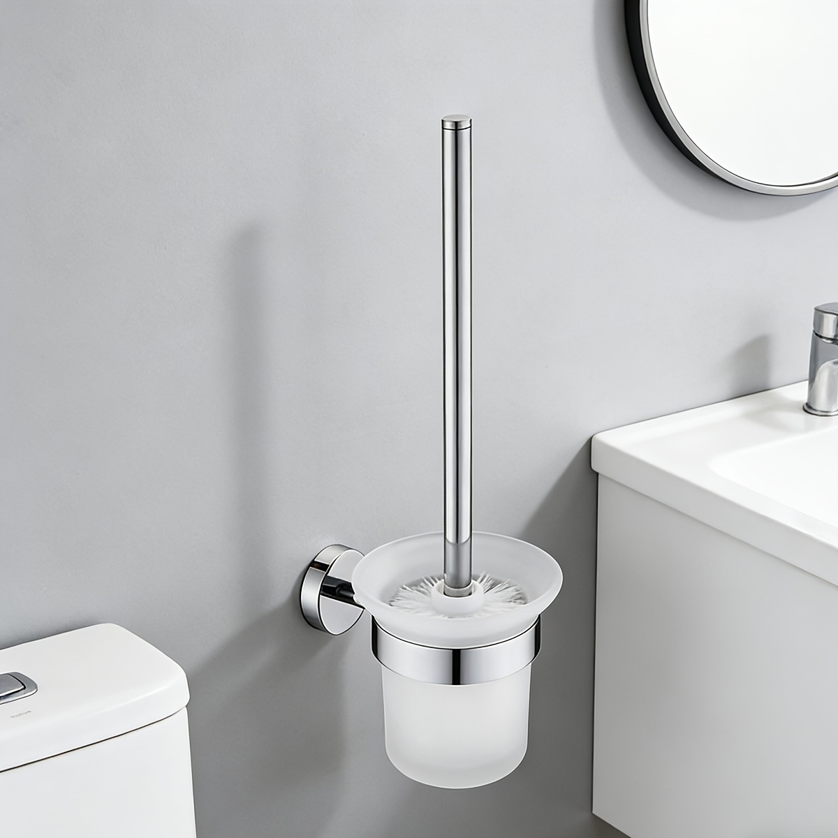 TEMU Fournitures de nettoyage de salle de bain, ensemble brosse et support de toilette en acier inoxydable brillant, brosse de nettoyage de toilette