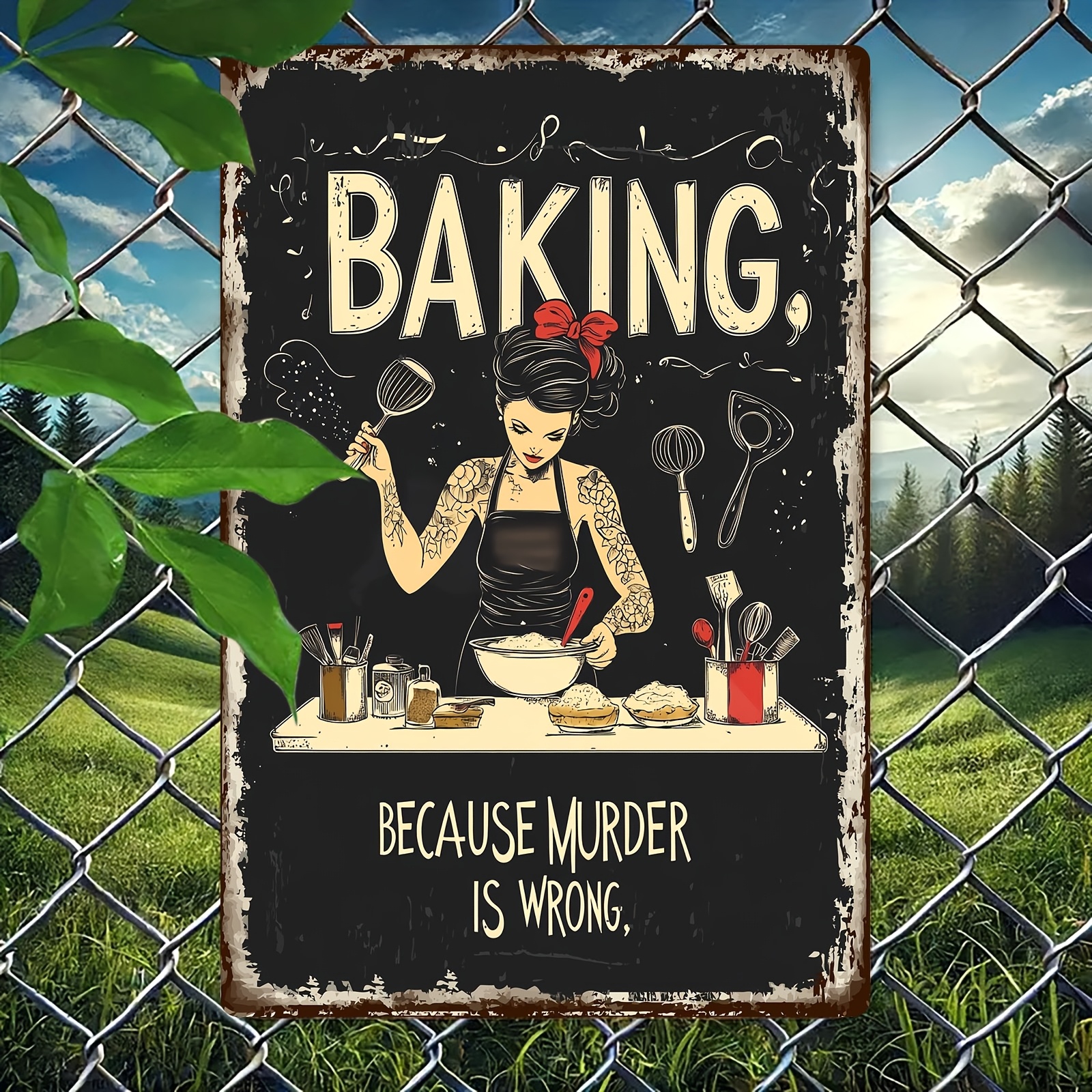 E-shop Vintage Holzschild Wandkunst "Backen, weil Mord ist" - Retro Küchendekor mit Backmuster, sicheren abgerundeten Ecken und vorgebohrten Löchern