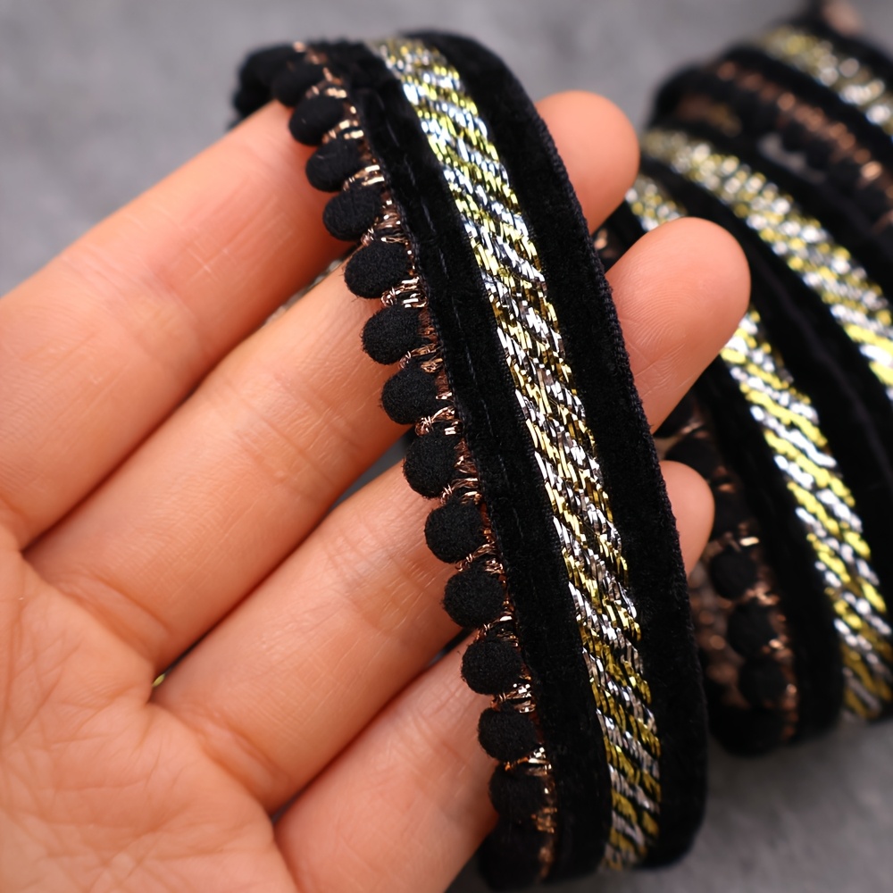 E-shop Dekoratives Pompon-Bändchen, Metallisch Gold Geflochtenes Samtband, Mehrfarbig, 7 Farben