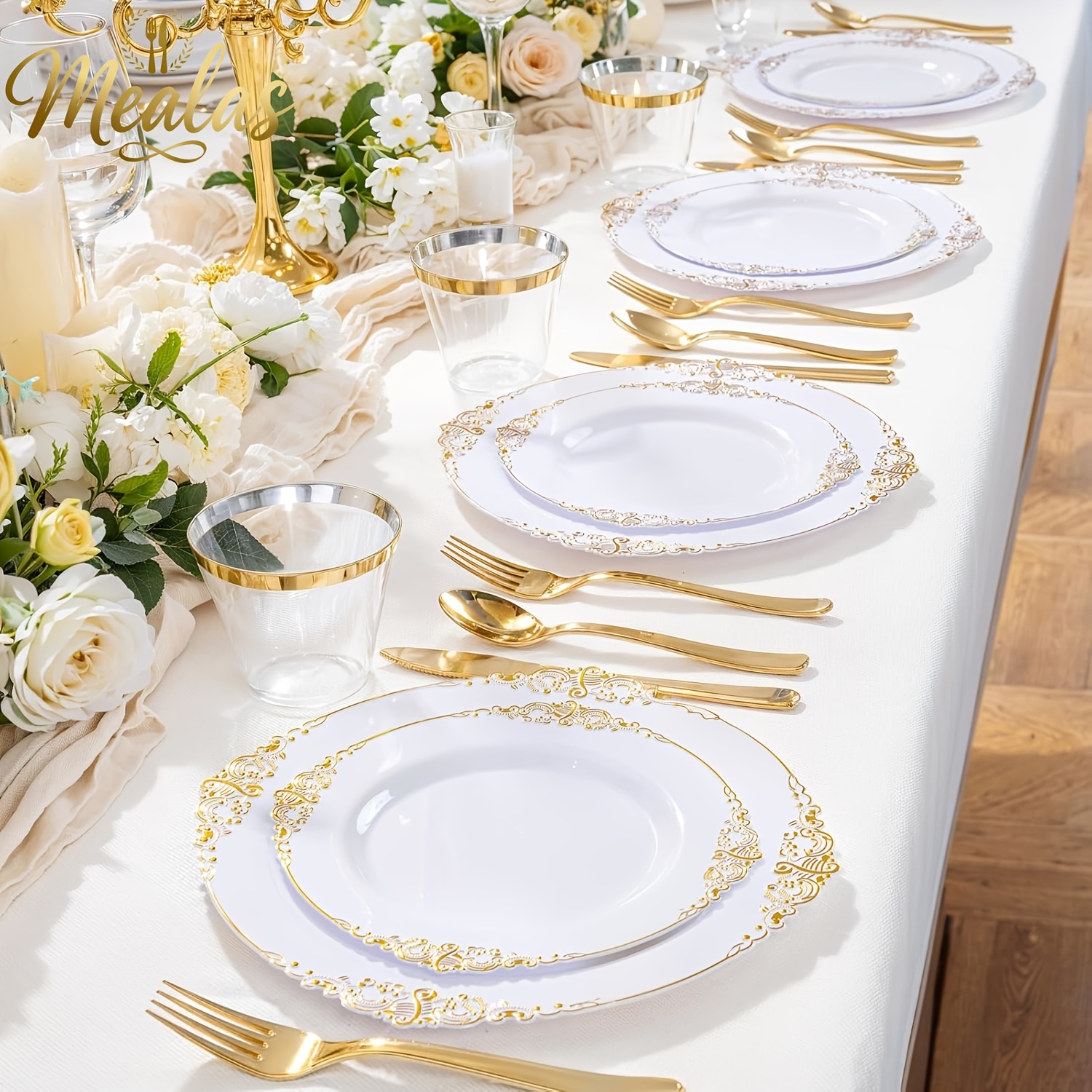 this 40pcs vintage style plate and minimalist golden cutlery set   of high quality heavy duty plastic and is suitable for   themed events parties weddings birthdays valentines day easter holiday parties etc