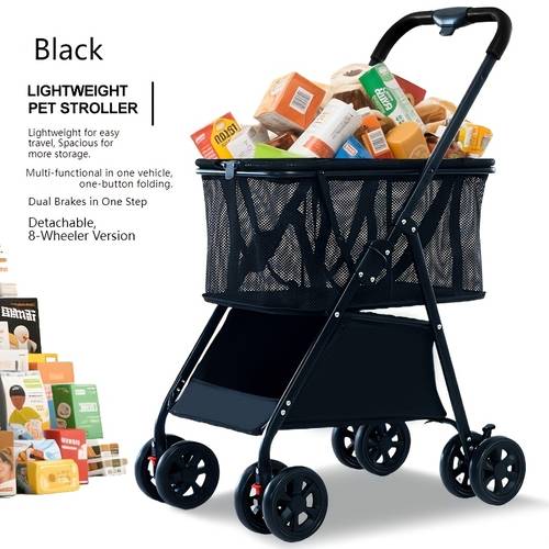 portable folding shopping cart with brakes and detachable basket metal frame large capacity ideal for grocery shopping and pet transport suitable for and pet owners 2026 new model 365 days a year