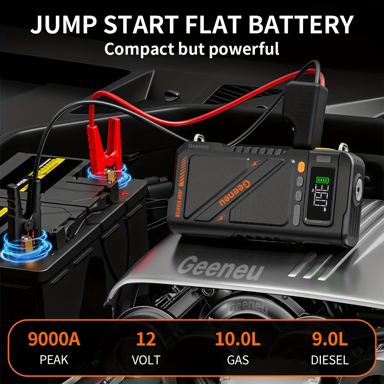 E-shop 9000A Starthilfe mit Luftkompressor, Starthilfebox (für alle Benziner bis zu 9.0L Diesel), 12V Auto-Starthilfe, Autobatterie-Booster, 20000mAh