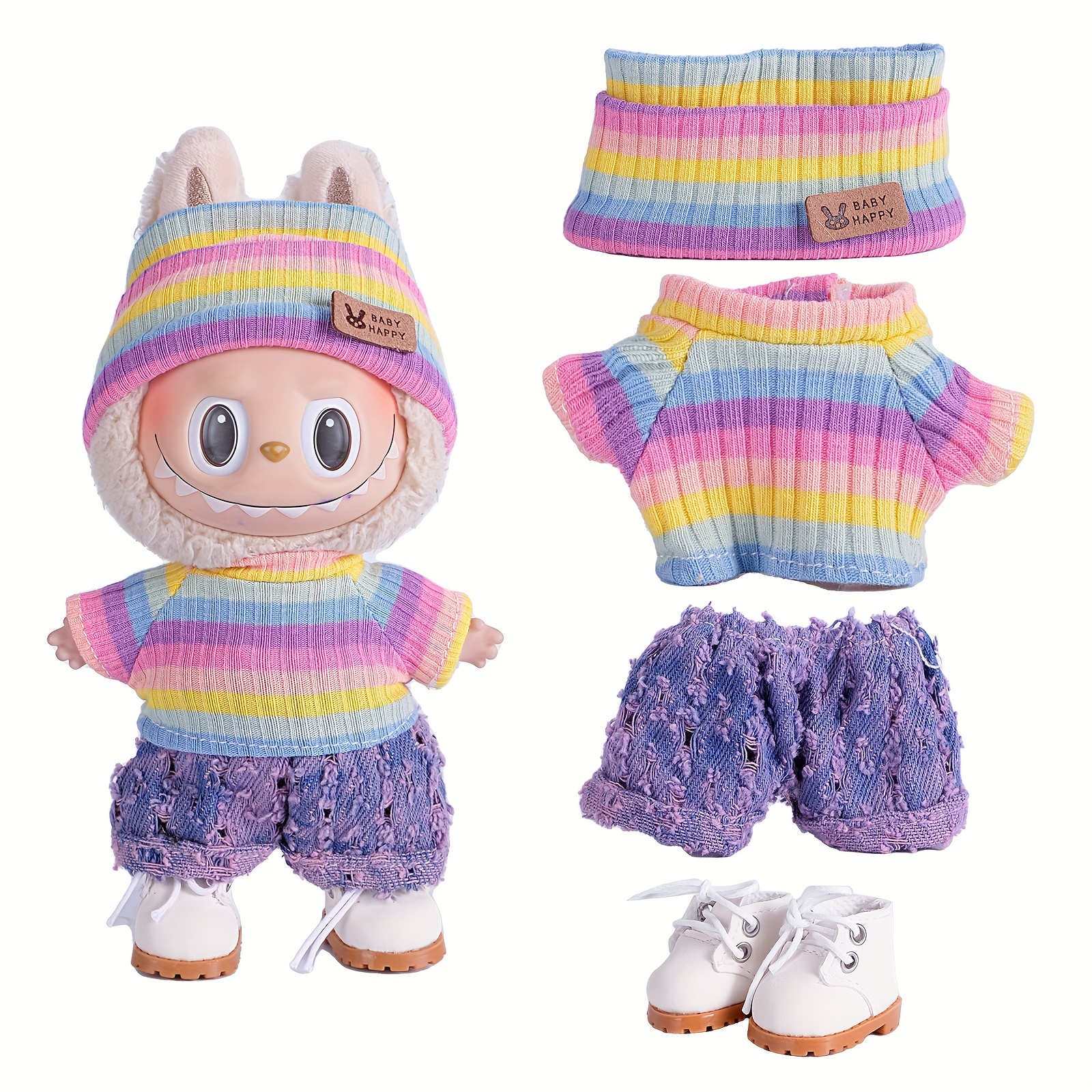 6.69英寸娃娃衣服，适合Labubu，带有3套装 - 时尚渔夫帽和毛衣和裤子或裙子套装，适合6.69英寸娃娃，非常可爱的Labubu配件，用于玩耍和展示（不包括鞋子和娃娃）