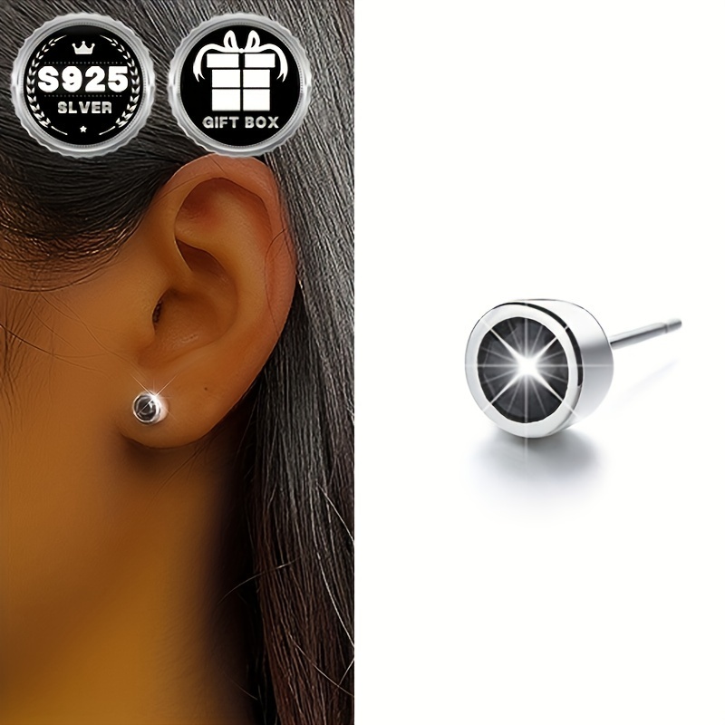 

925 Sterling Silver Hypoallergenic Minimalist Round Black Zirconia Stud Earrings, Delicate Unisex Design, Versatile Jewelry For Men And Women