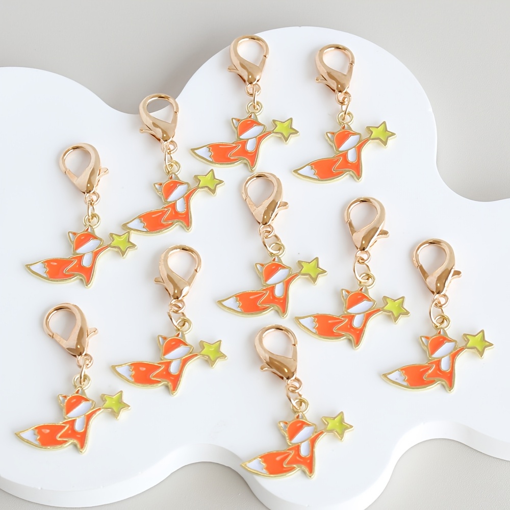 TEMU 10pcs Cute Enamel Fox Star Charm Keychains, Alloy Metal Cartoon Animal Bag Pendant, Orange Golden Kawaii Design For Daily Key Bag Decor Friend