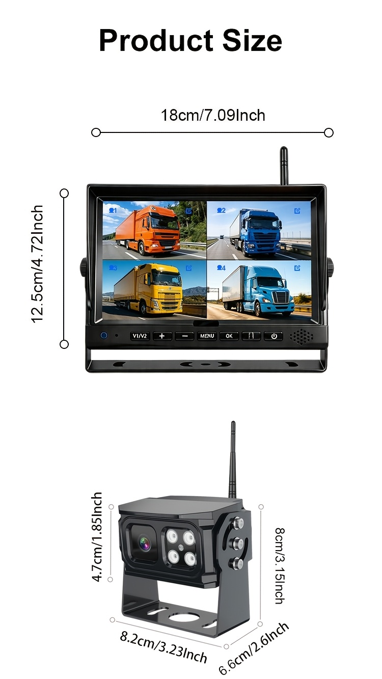 7 Inch Monitor 4CH Wireless Backup Camera System with DVR Recorder for Engineering Vehicle/Truck
