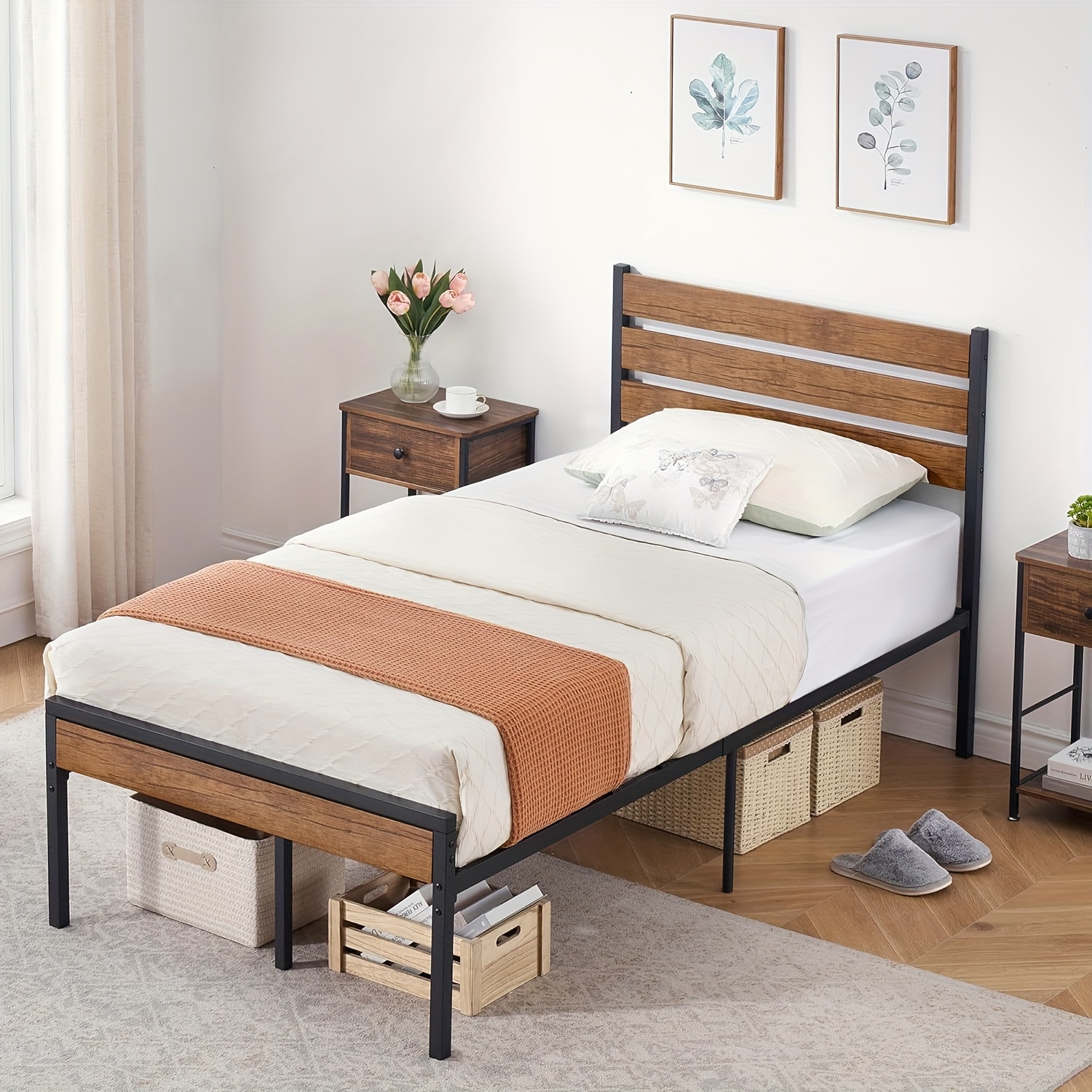 

Twin Size Bed Frame With Rustic Vintage Wood Headboard, Mattress Foundation, Slats Platform Support, Under Bed Storage, Noise-free, Spring Needed